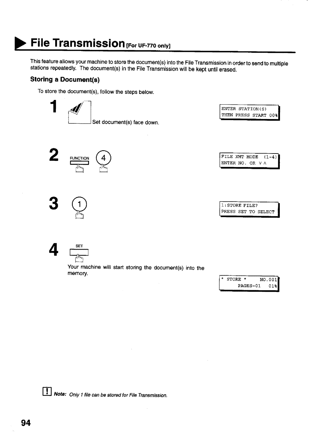 Panasonic UF-770 File Transmission to,UF-,,oonly, Storing a Documents, To store the documents, follow the steps below 