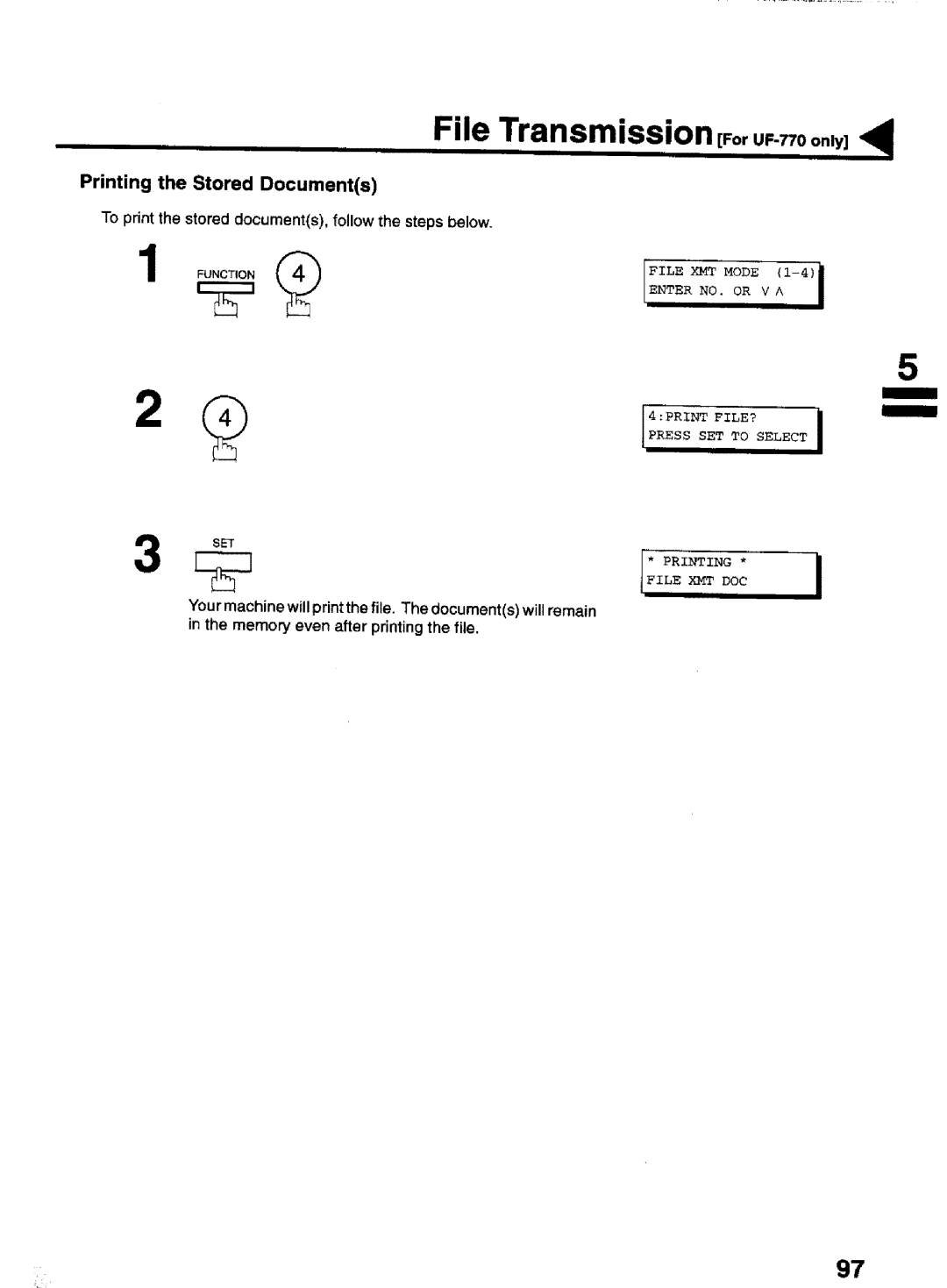 Panasonic manual Printing the Stored Documents, File Transmission For UF-770 only, File XMT DOC Printing 