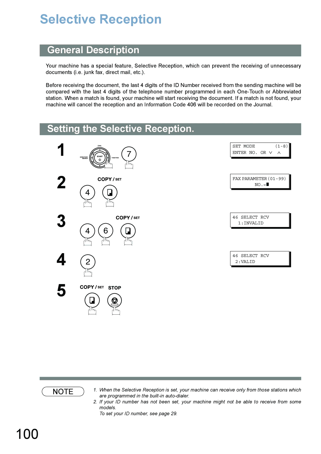 Panasonic UF-780/790 operating instructions 100, Setting the Selective Reception 