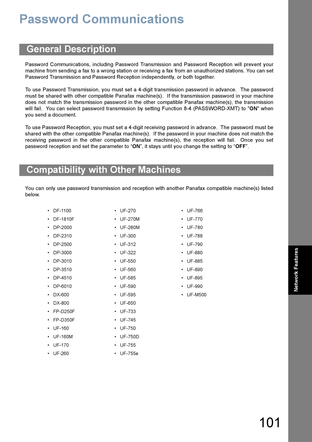 Panasonic UF-780/790 operating instructions 101, Password Communications, Compatibility with Other Machines 