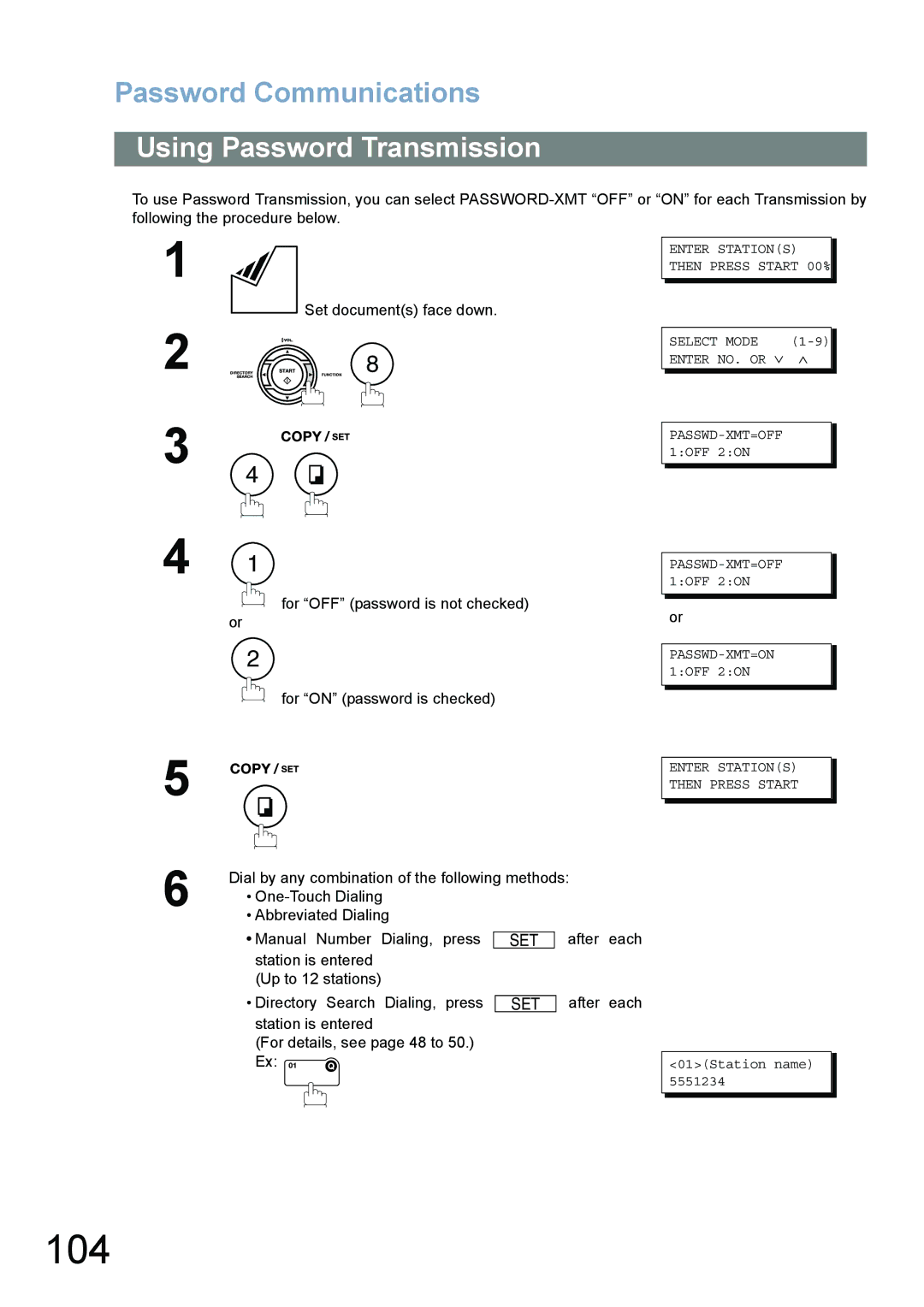 Panasonic UF-780/790 operating instructions 104, Using Password Transmission 