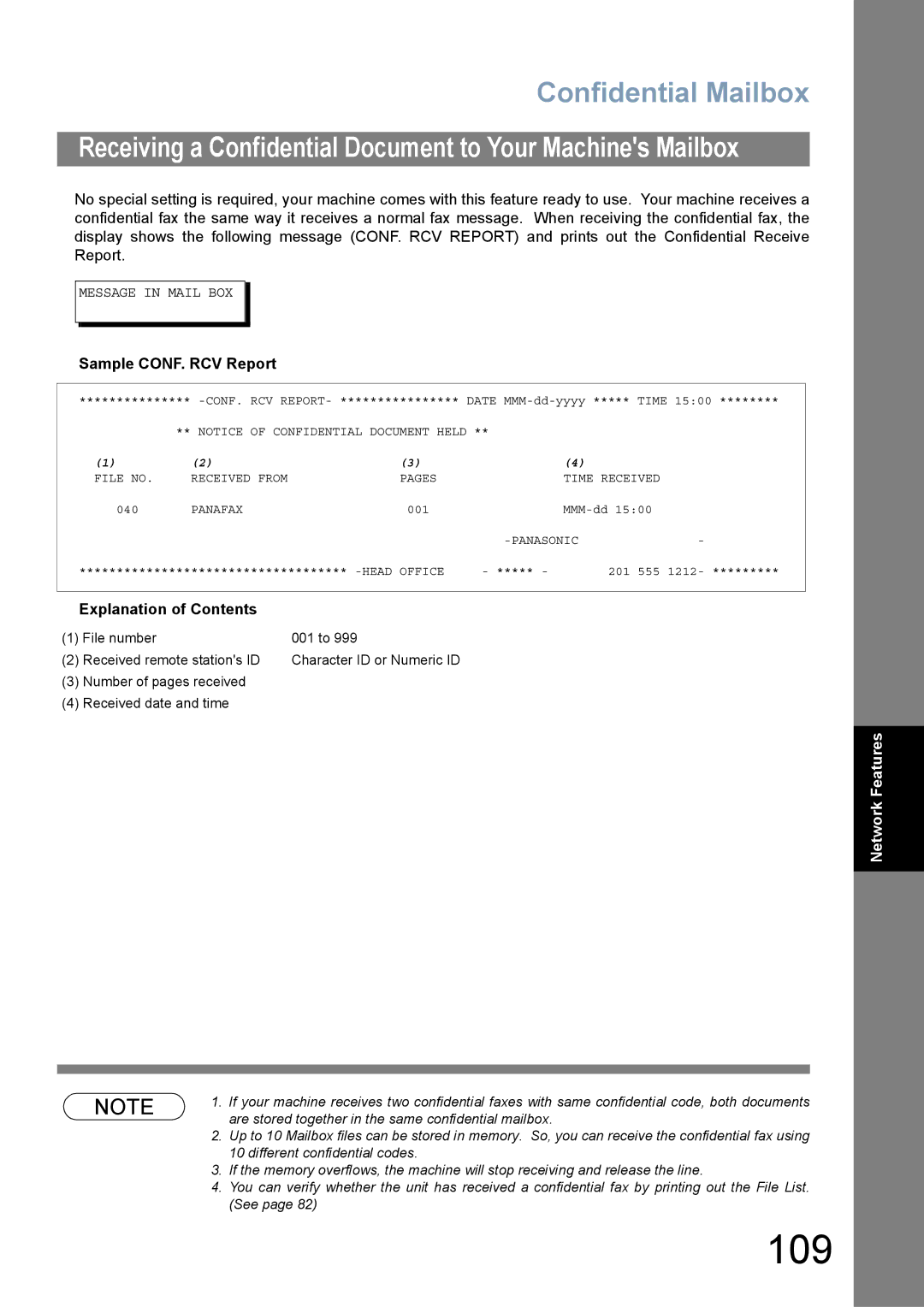 Panasonic UF-780/790 109, Receiving a Confidential Document to Your Machines Mailbox, Sample CONF. RCV Report 