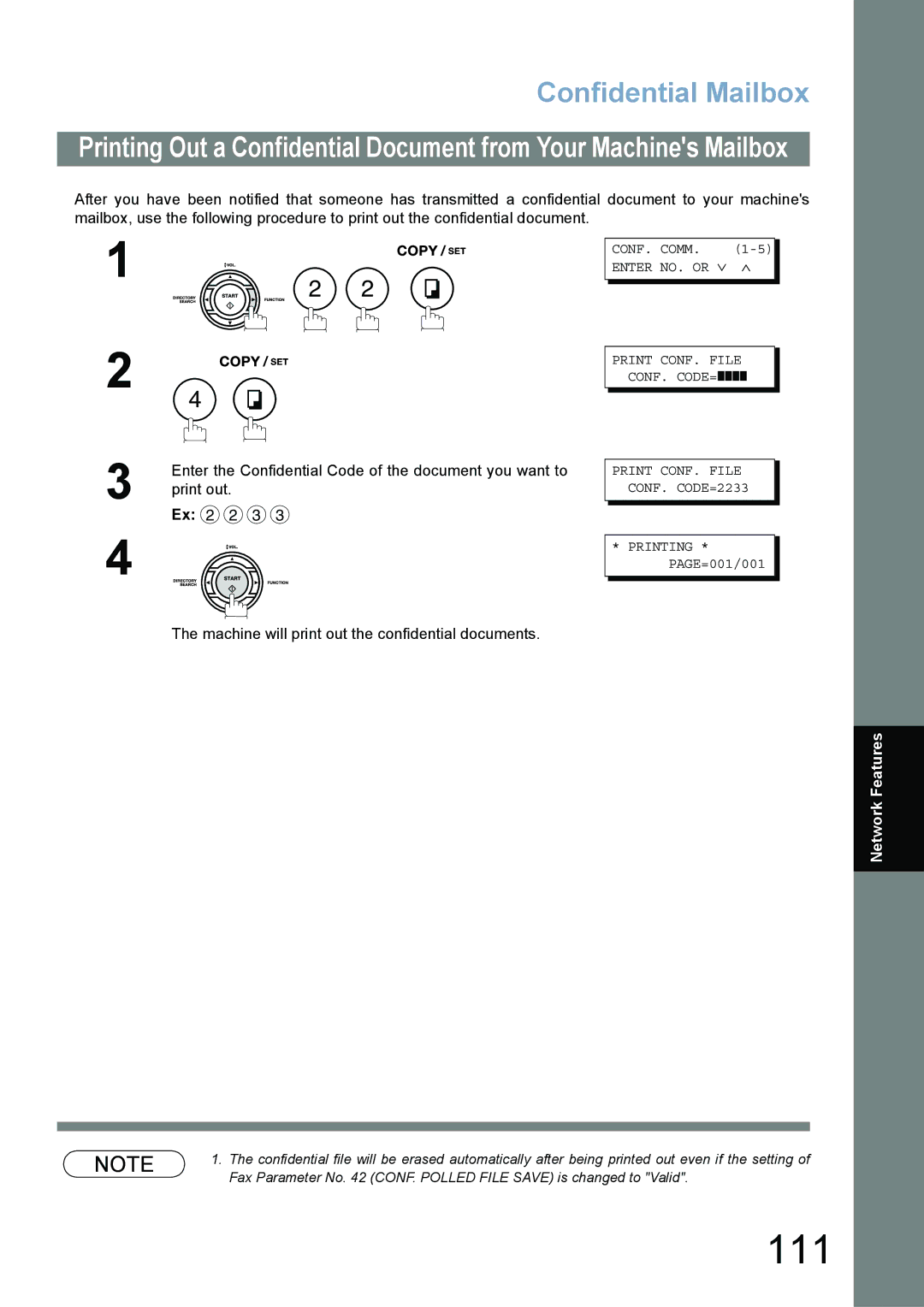 Panasonic UF-780/790 operating instructions 111, Machine will print out the confidential documents 