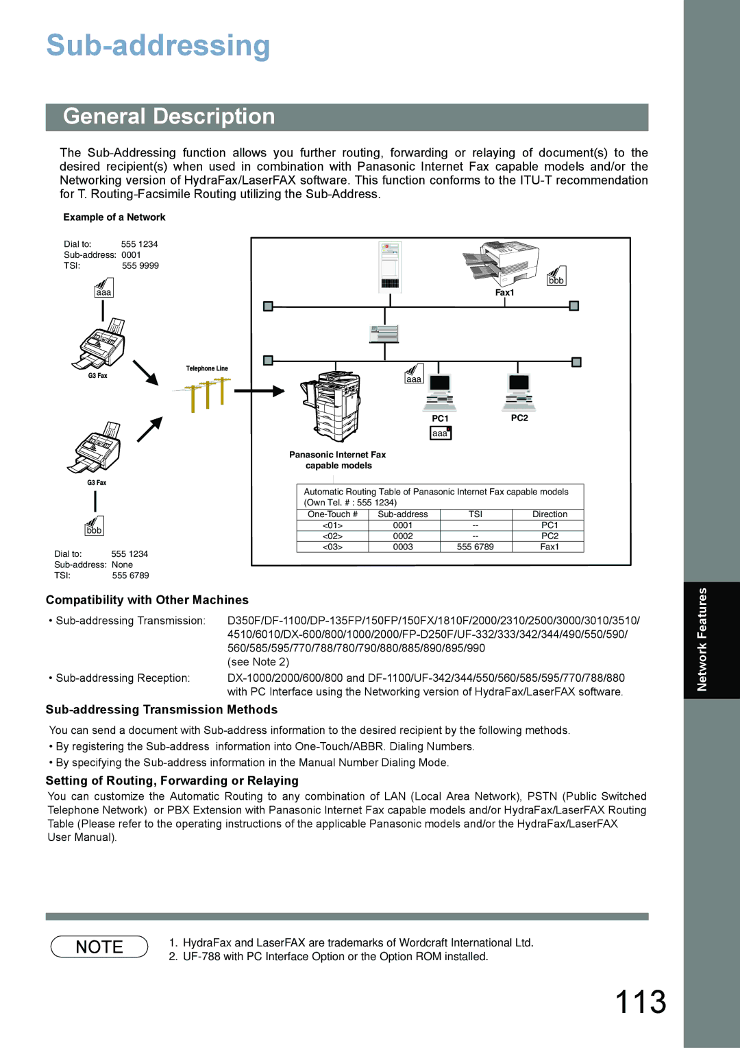 Panasonic UF-780/790 operating instructions 113, Compatibility with Other Machines, Sub-addressing Transmission Methods 