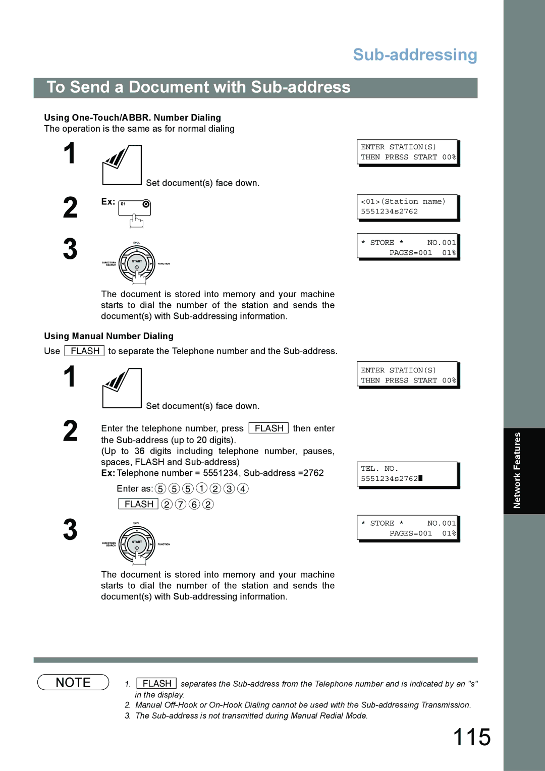 Panasonic UF-780/790 operating instructions 115, To Send a Document with Sub-address, Using One-Touch/ABBR. Number Dialing 