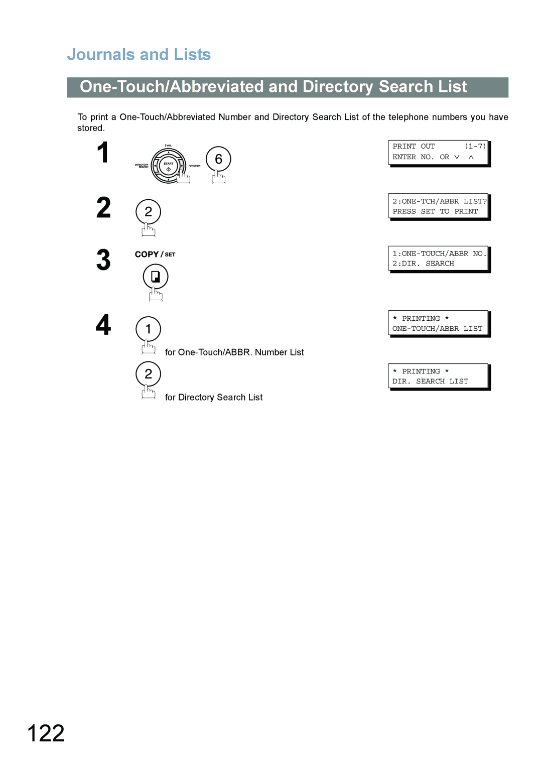 Panasonic UF-780/790 operating instructions 122, One-Touch/Abbreviated and Directory Search List, For Directory Search List 