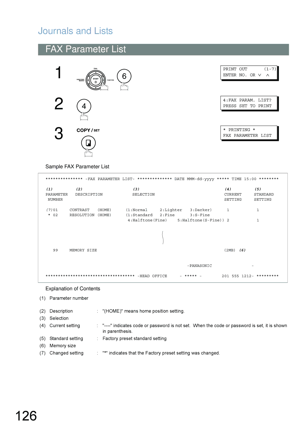 Panasonic UF-780/790 operating instructions 126, Sample FAX Parameter List 