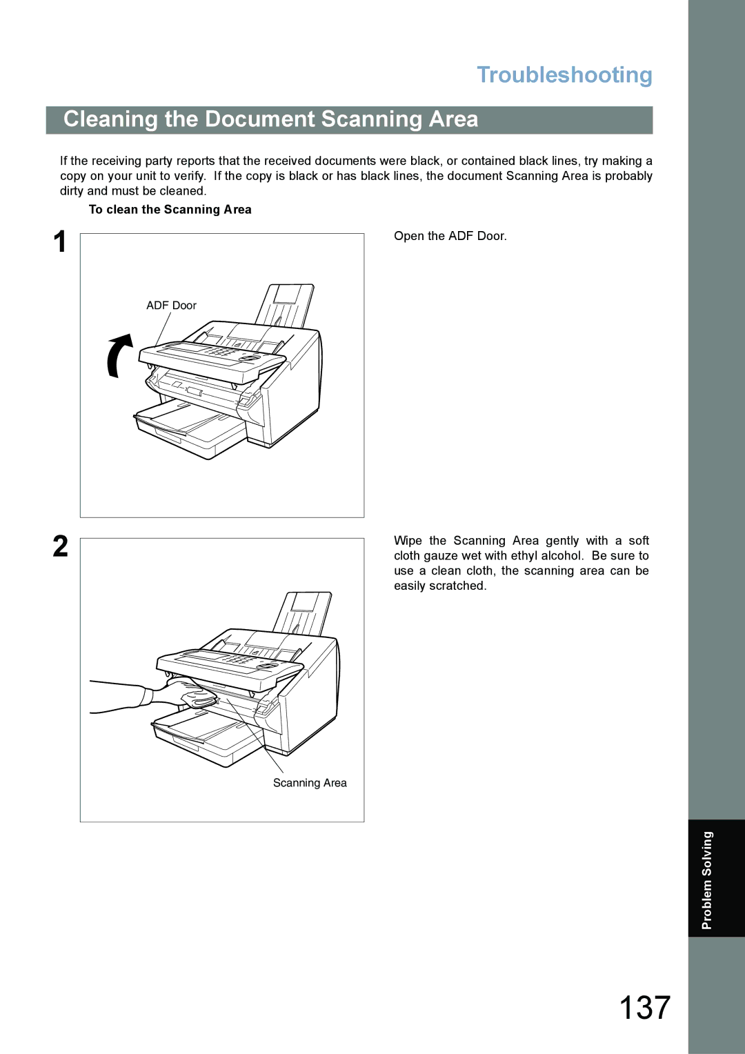 Panasonic UF-780/790 operating instructions 137, Cleaning the Document Scanning Area, To clean the Scanning Area 