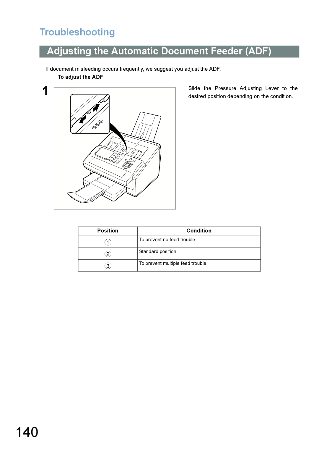 Panasonic UF-780/790 140, Adjusting the Automatic Document Feeder ADF, To adjust the ADF, Position Condition 