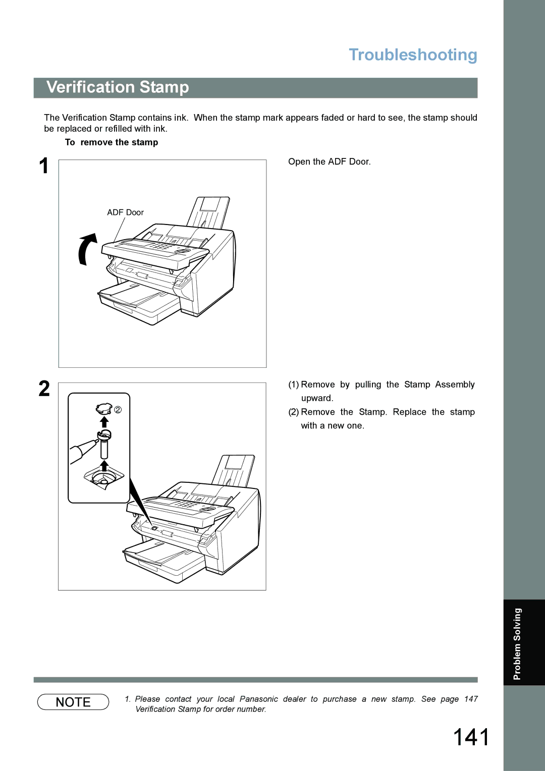 Panasonic UF-780/790 operating instructions 141, To remove the stamp 