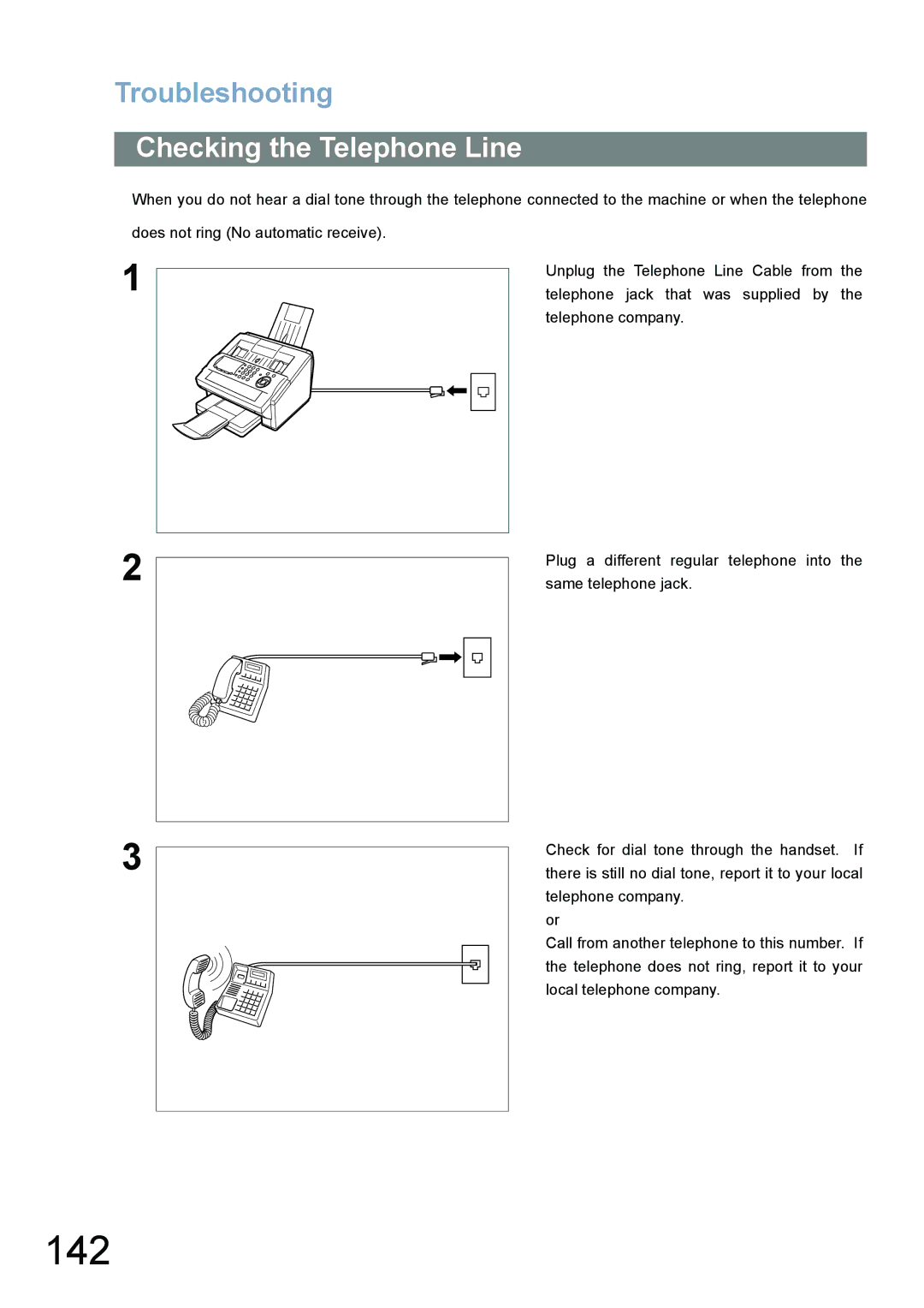 Panasonic UF-780/790 operating instructions 142, Checking the Telephone Line 