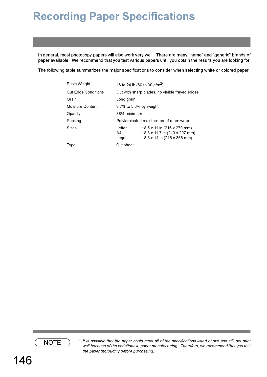 Panasonic UF-780/790 operating instructions 146, Recording Paper Specifications 