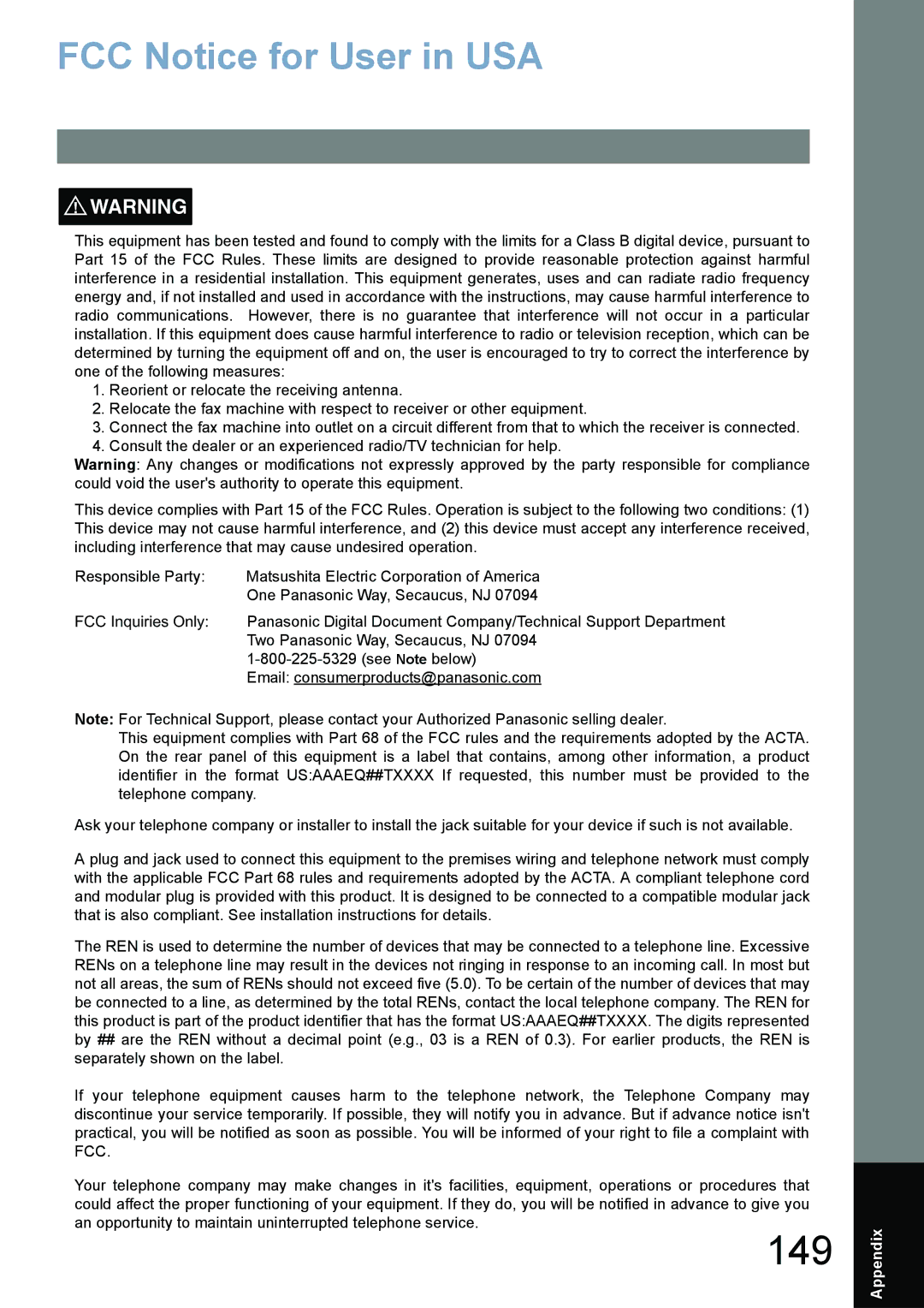 Panasonic UF-780/790 operating instructions 149, FCC Notice for User in USA 