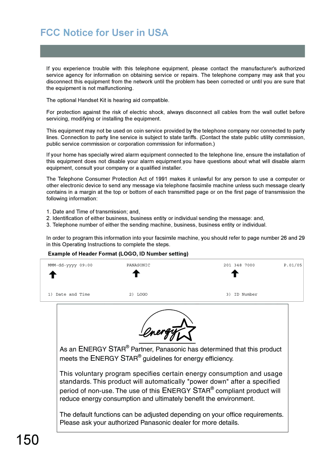 Panasonic UF-780/790 operating instructions 150, Example of Header Format LOGO, ID Number setting 