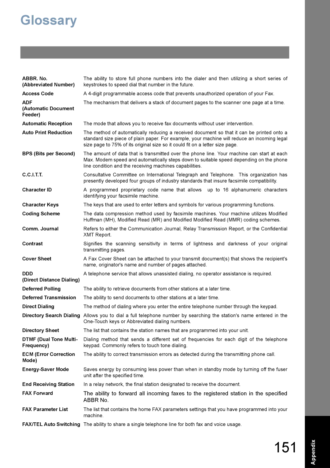 Panasonic UF-780/790 operating instructions Glossary, Abbr No 