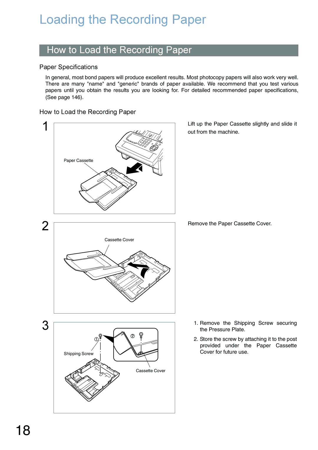 Panasonic UF-780/790 Loading the Recording Paper, How to Load the Recording Paper, Paper Specifications 