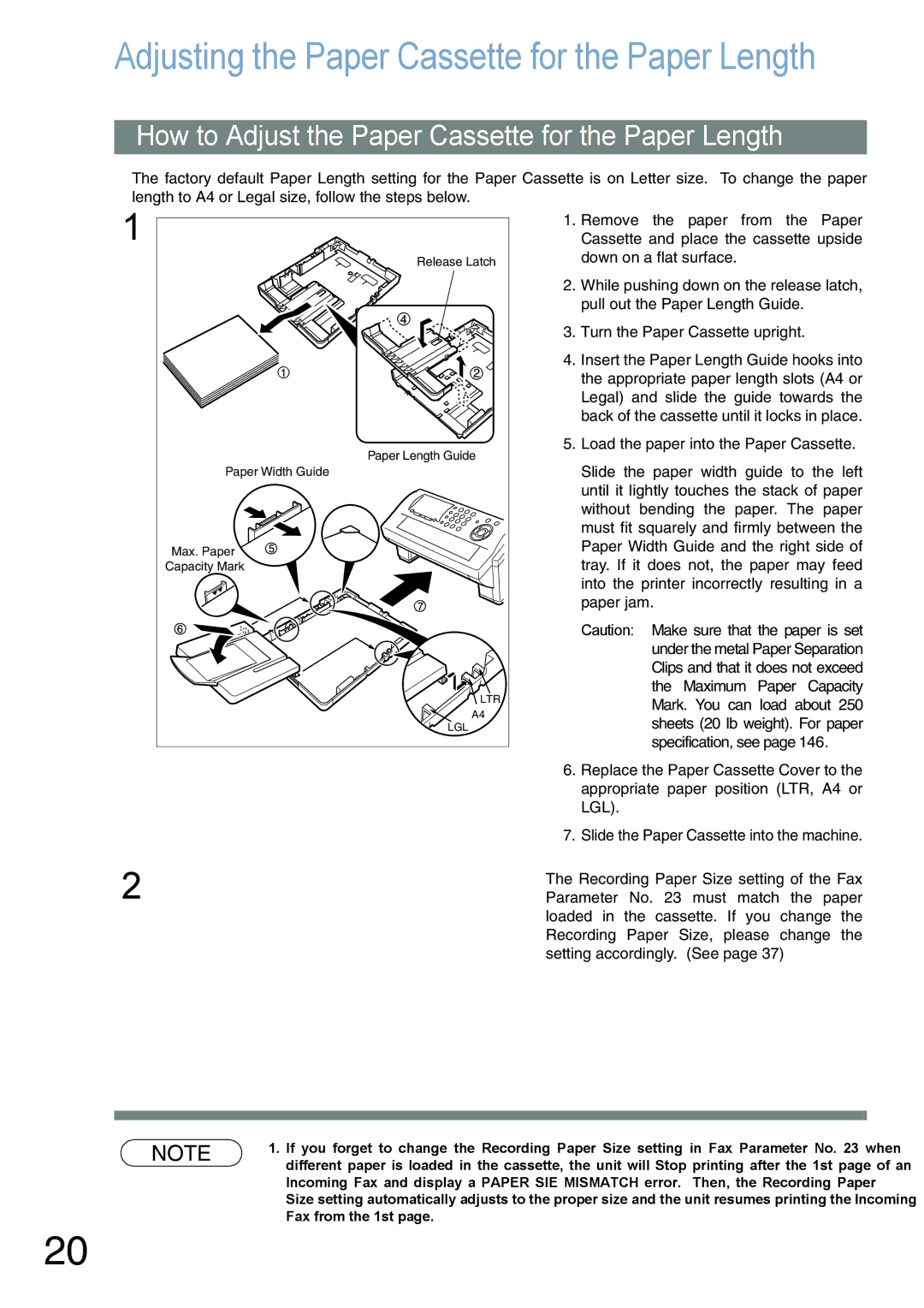 Panasonic UF-780/790 operating instructions Adjusting the Paper Cassette for the Paper Length 