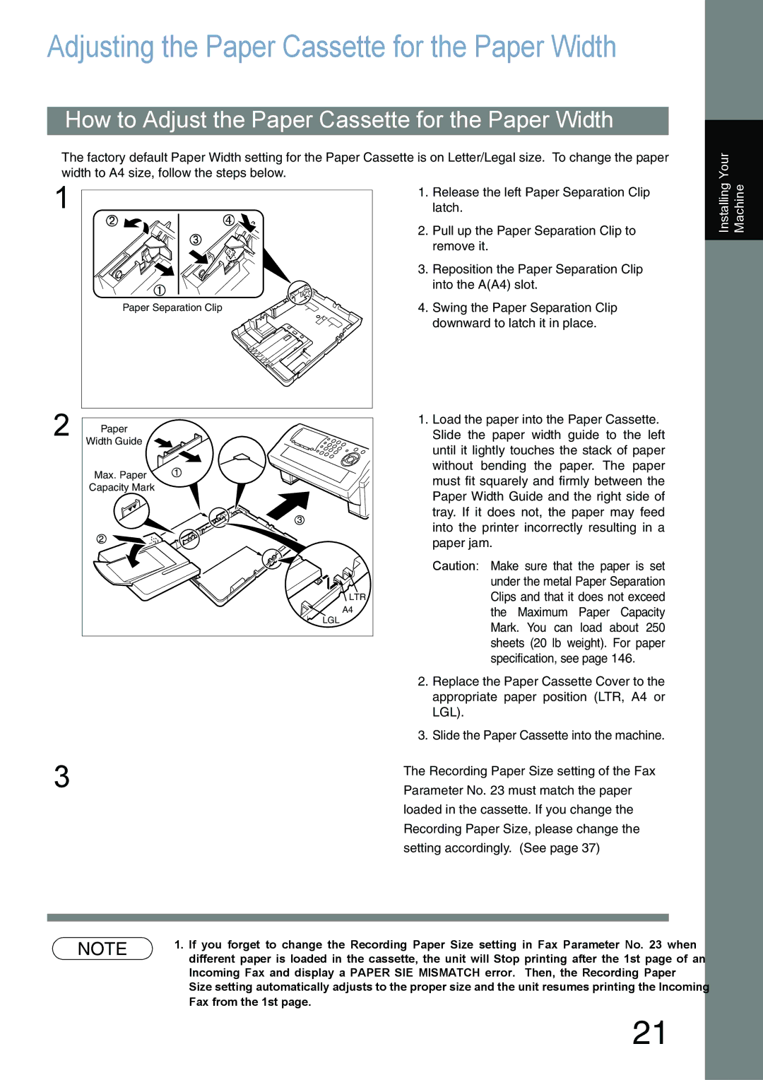 Panasonic UF-780/790 operating instructions Adjusting the Paper Cassette for the Paper Width 