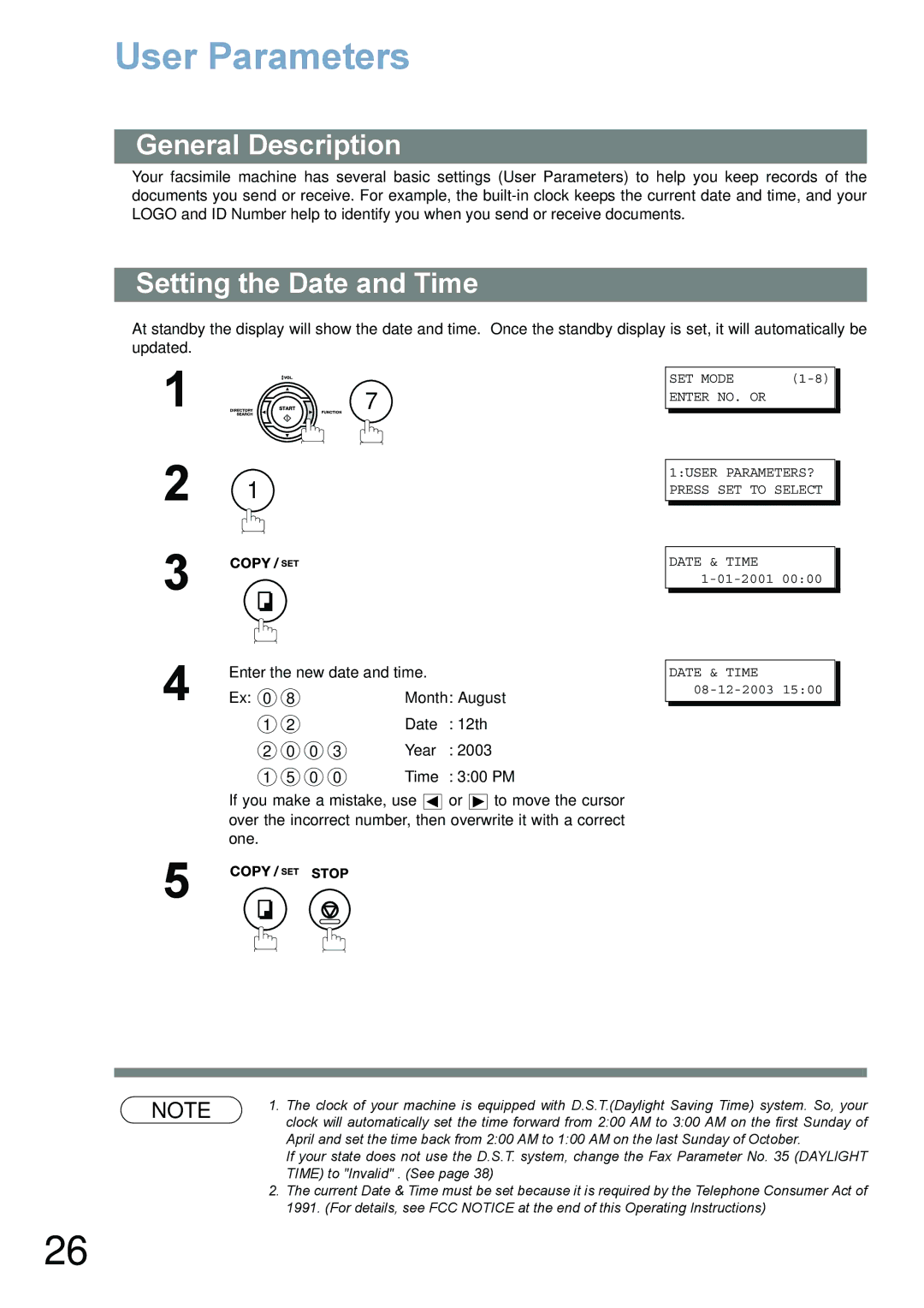 Panasonic UF-780/790 operating instructions User Parameters, General Description, Setting the Date and Time 