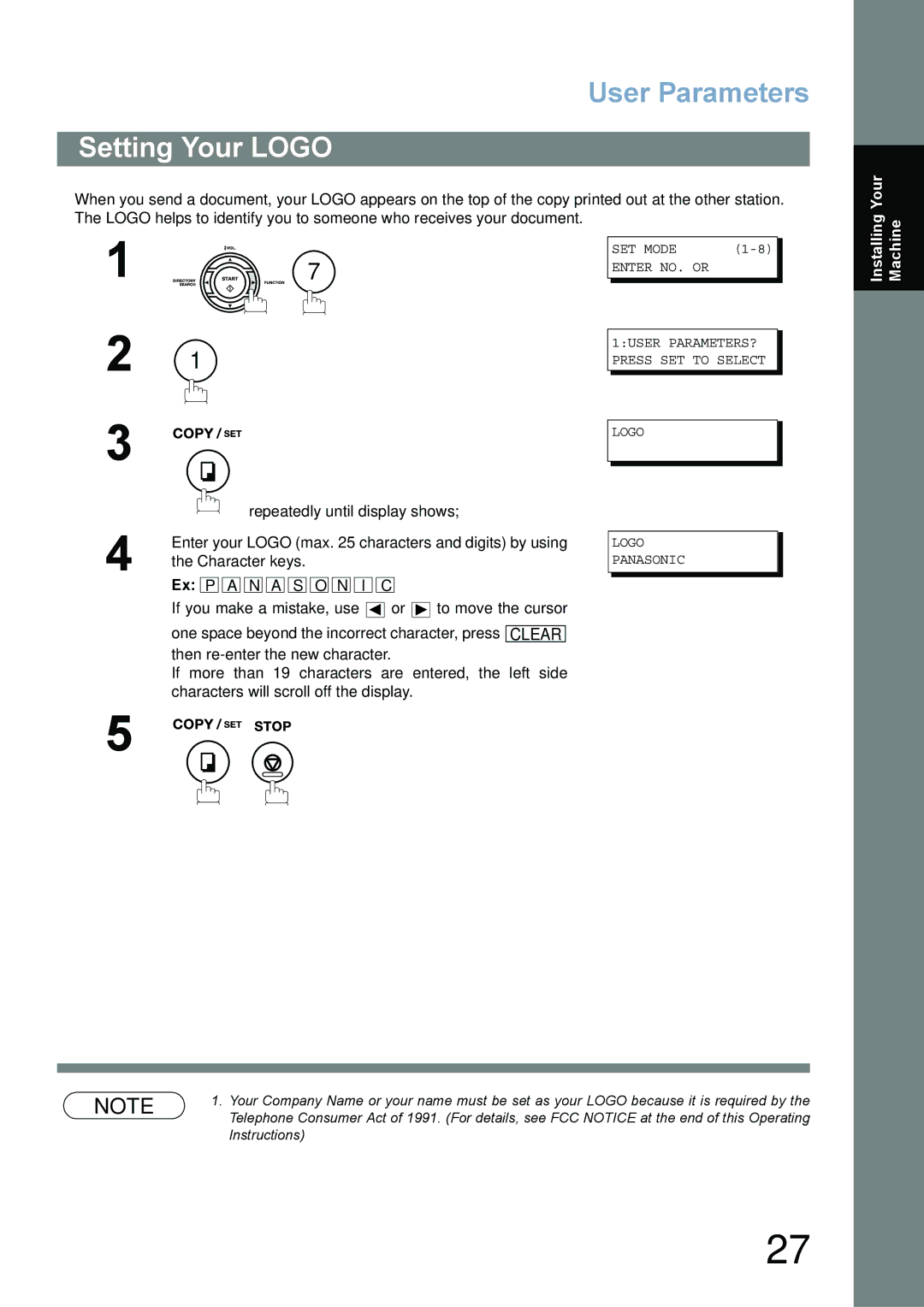 Panasonic UF-780/790 operating instructions Setting Your Logo 