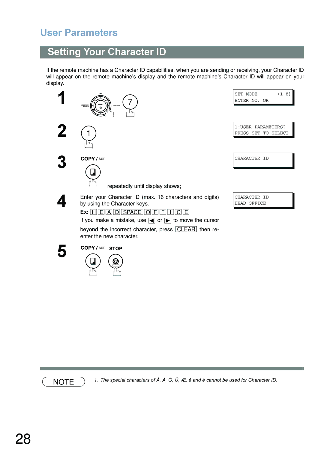 Panasonic UF-780/790 operating instructions Setting Your Character ID 