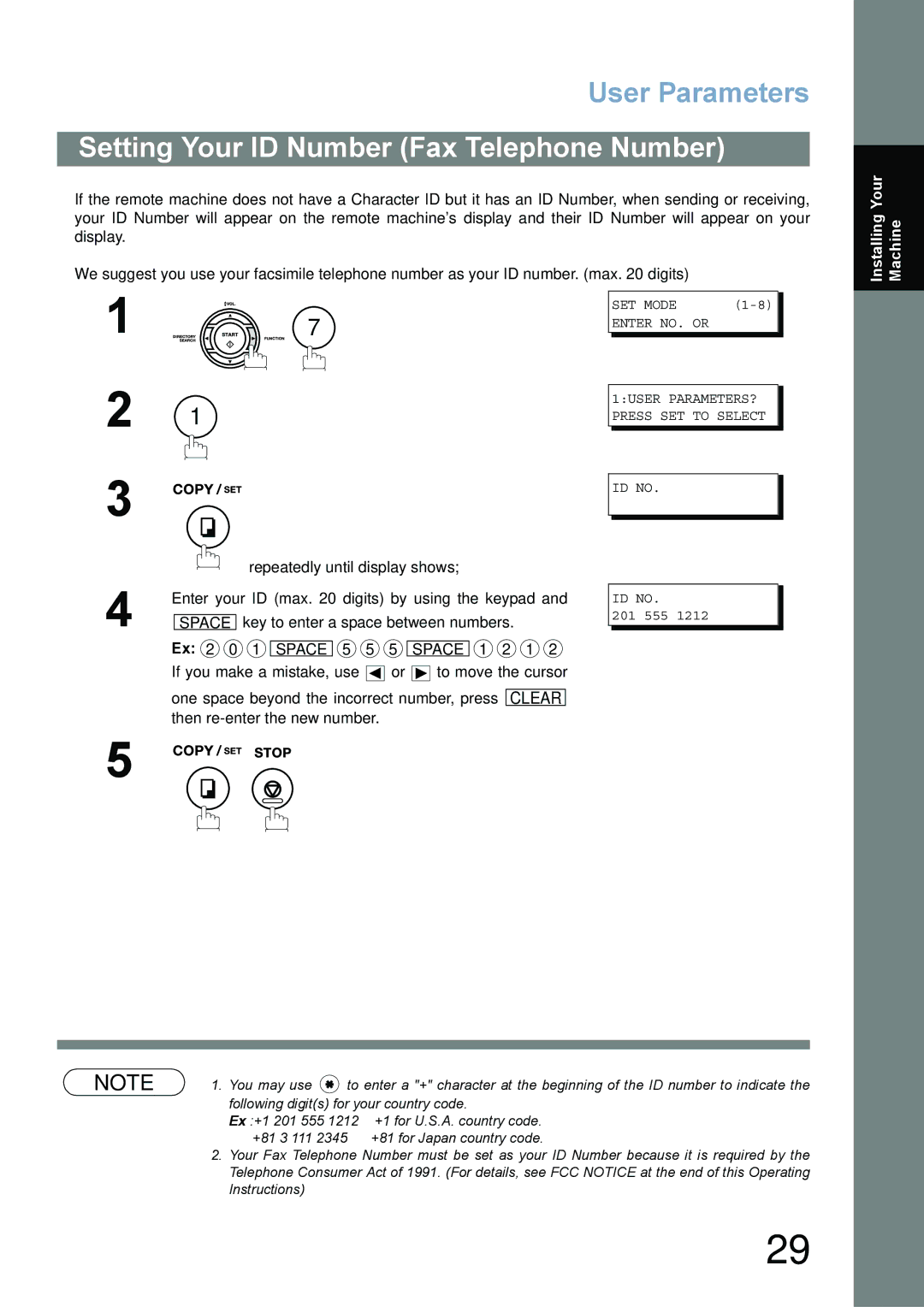 Panasonic UF-780/790 operating instructions Setting Your ID Number Fax Telephone Number, 201 555 