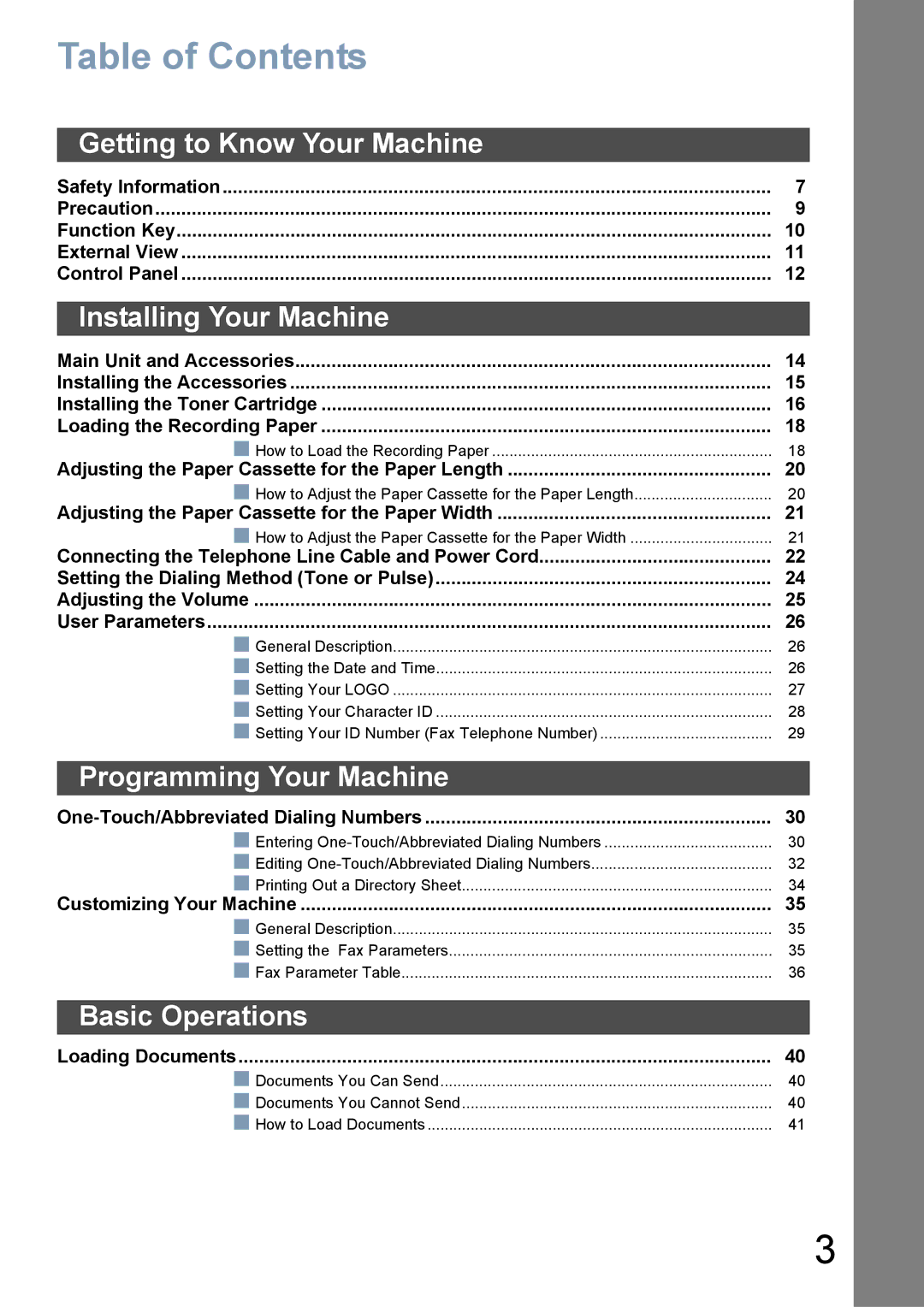 Panasonic UF-780/790 operating instructions Table of Contents 