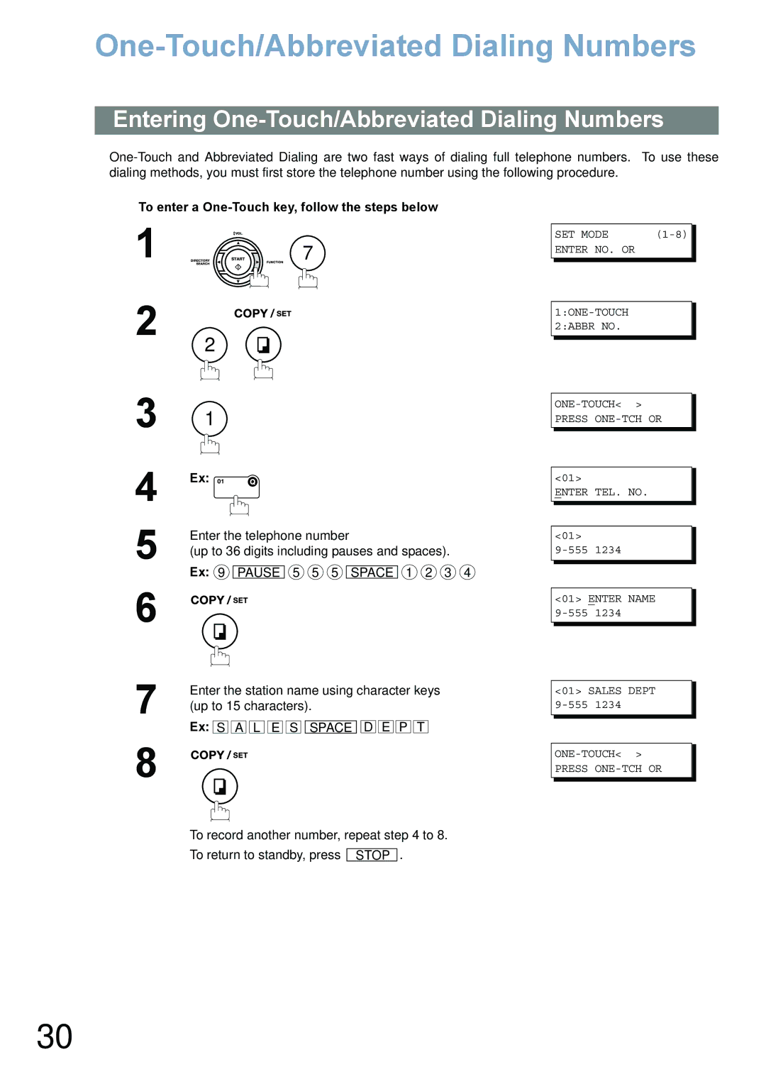 Panasonic UF-780/790 Entering One-Touch/Abbreviated Dialing Numbers, To enter a One-Touch key, follow the steps below 