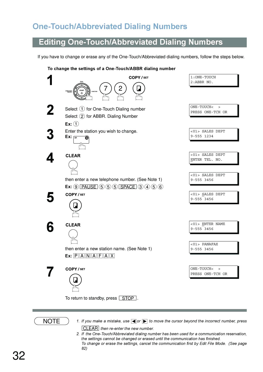 Panasonic UF-780/790 Editing One-Touch/Abbreviated Dialing Numbers, Enter the station you wish to change 