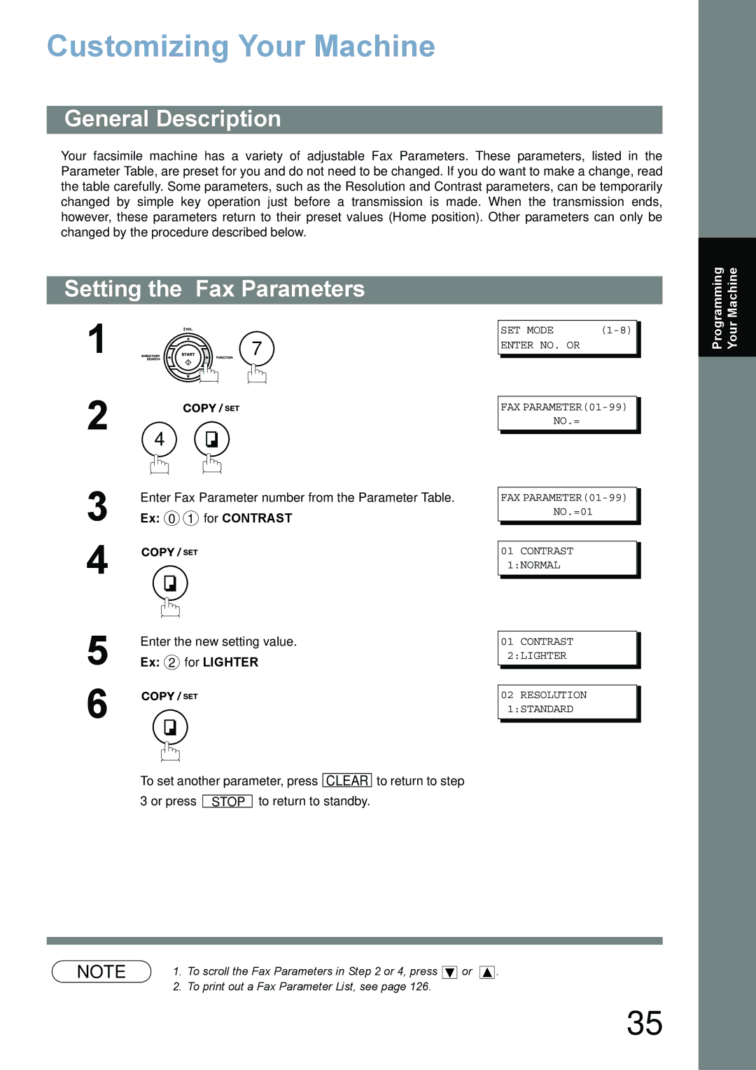 Panasonic UF-780/790 Customizing Your Machine, Setting the Fax Parameters, Ex 0 1 for Contrast, Ex 2 for Lighter 