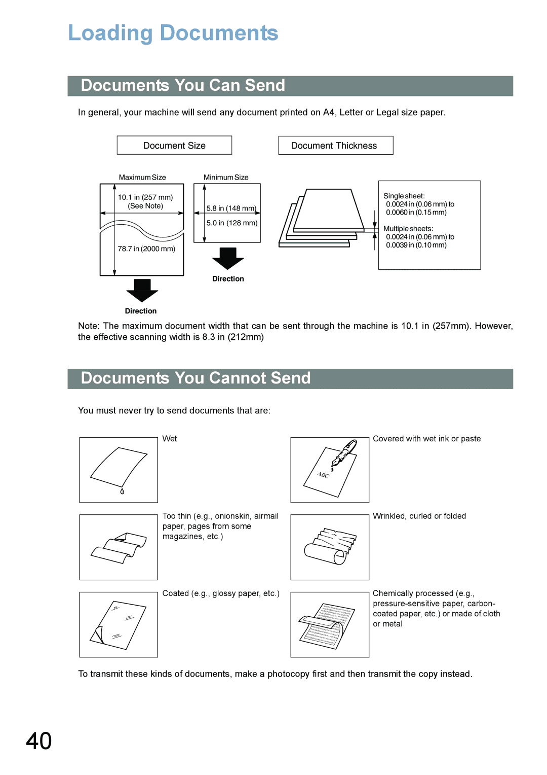 Panasonic UF-780/790 operating instructions Loading Documents, Documents You Can Send, Documents You Cannot Send 