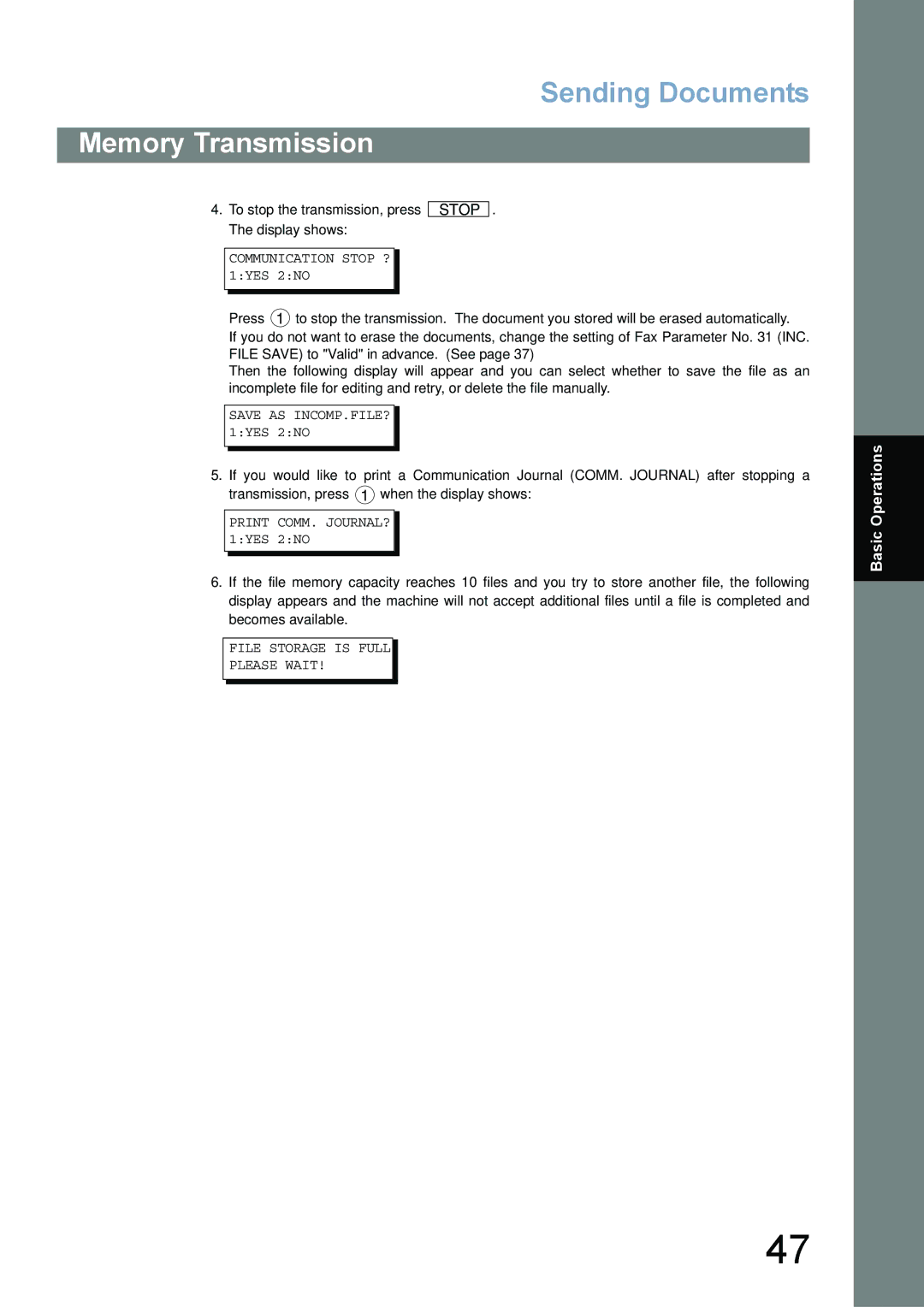 Panasonic UF-780/790 operating instructions File Storage is Full Please Wait 