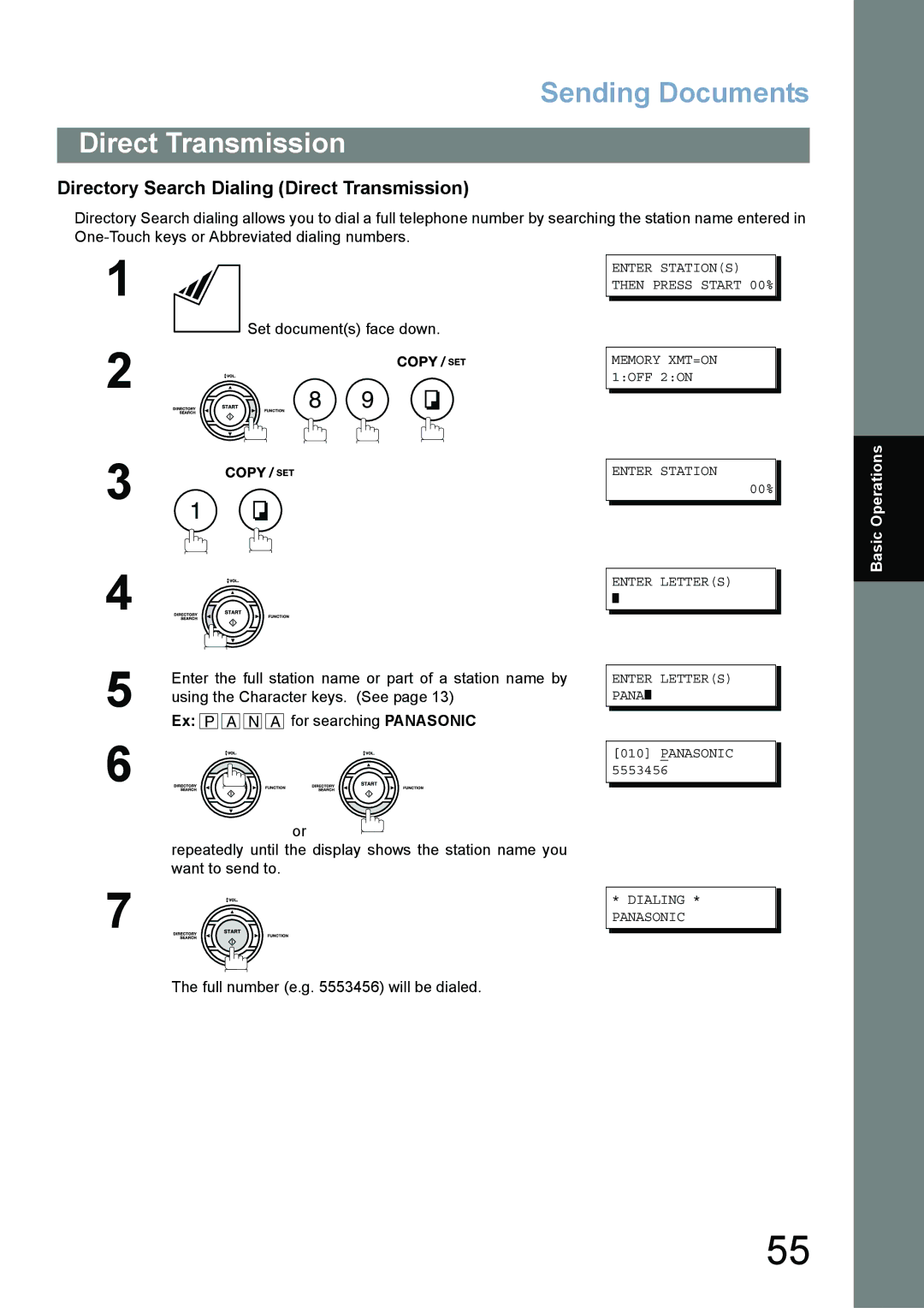 Panasonic UF-780/790 operating instructions Directory Search Dialing Direct Transmission, Using the Character keys. See 