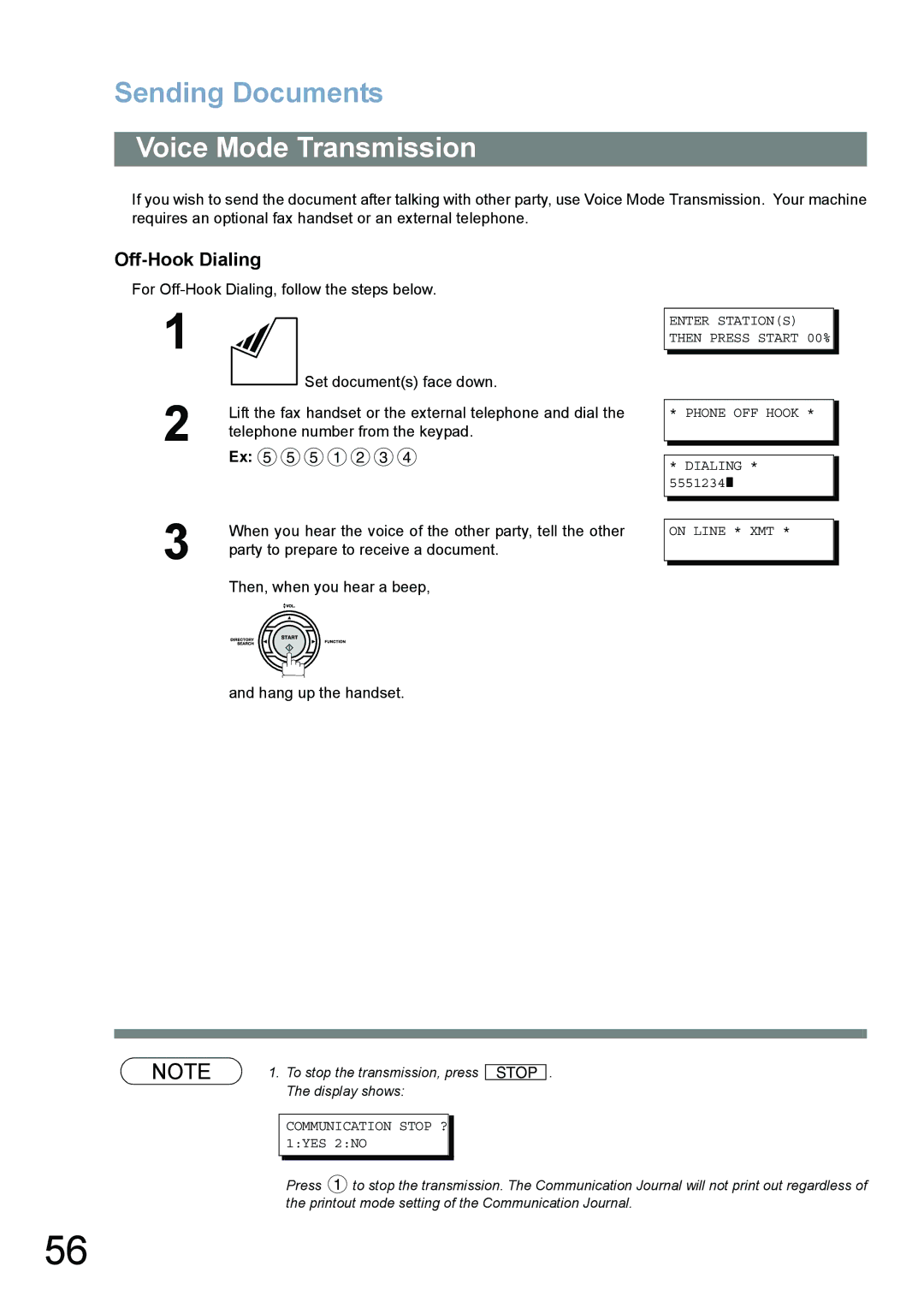 Panasonic UF-780/790 operating instructions Voice Mode Transmission, Off-Hook Dialing, Hang up the handset 