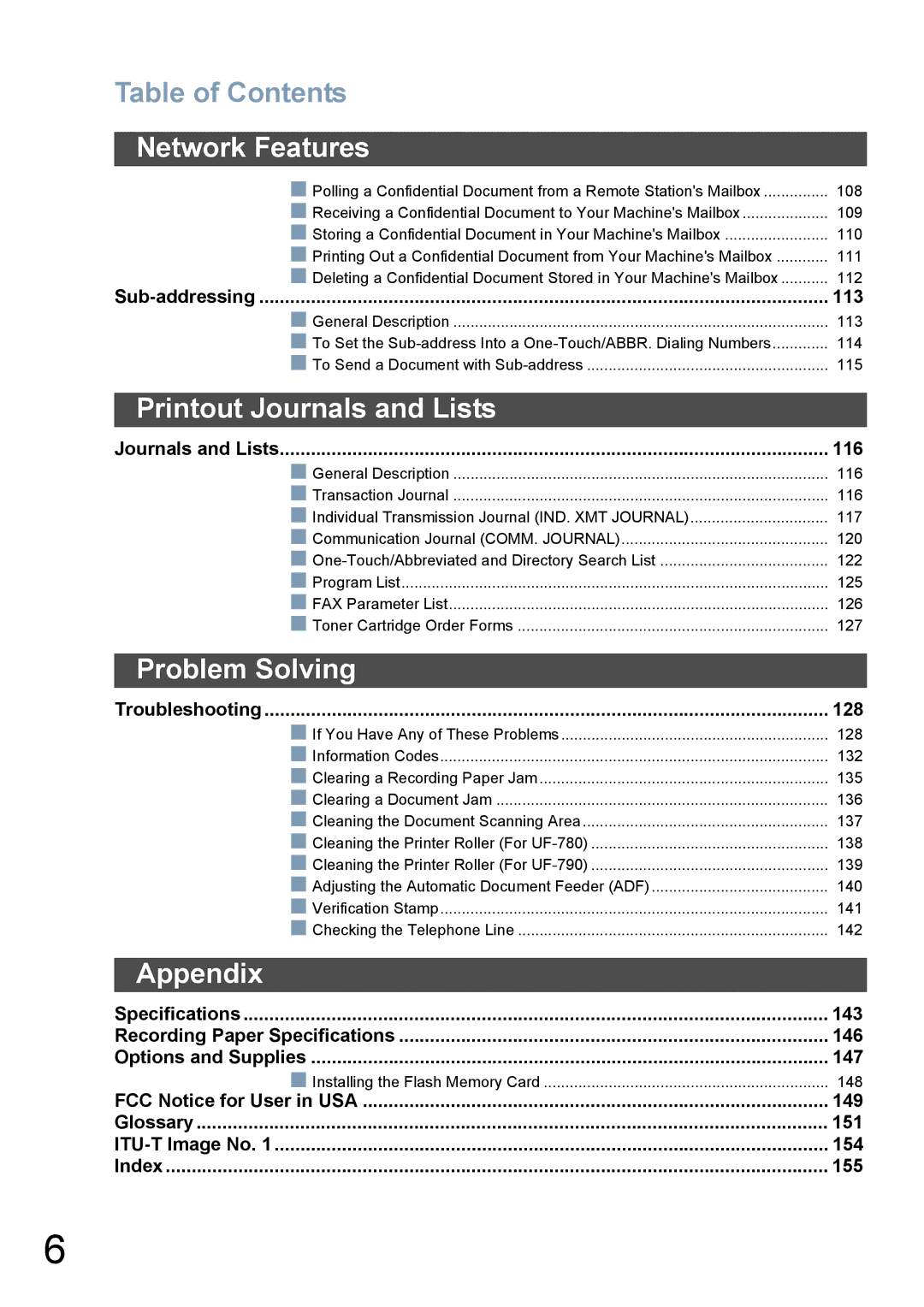 Panasonic UF-780/790 operating instructions Printout Journals and Lists, Problem Solving, Appendix 