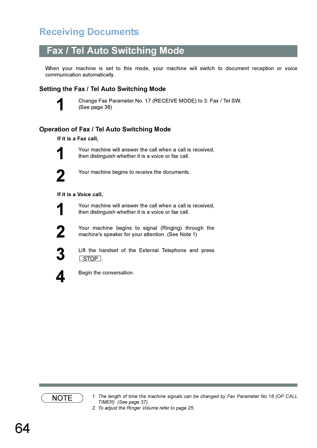 Panasonic UF-780/790 Setting the Fax / Tel Auto Switching Mode, Operation of Fax / Tel Auto Switching Mode 