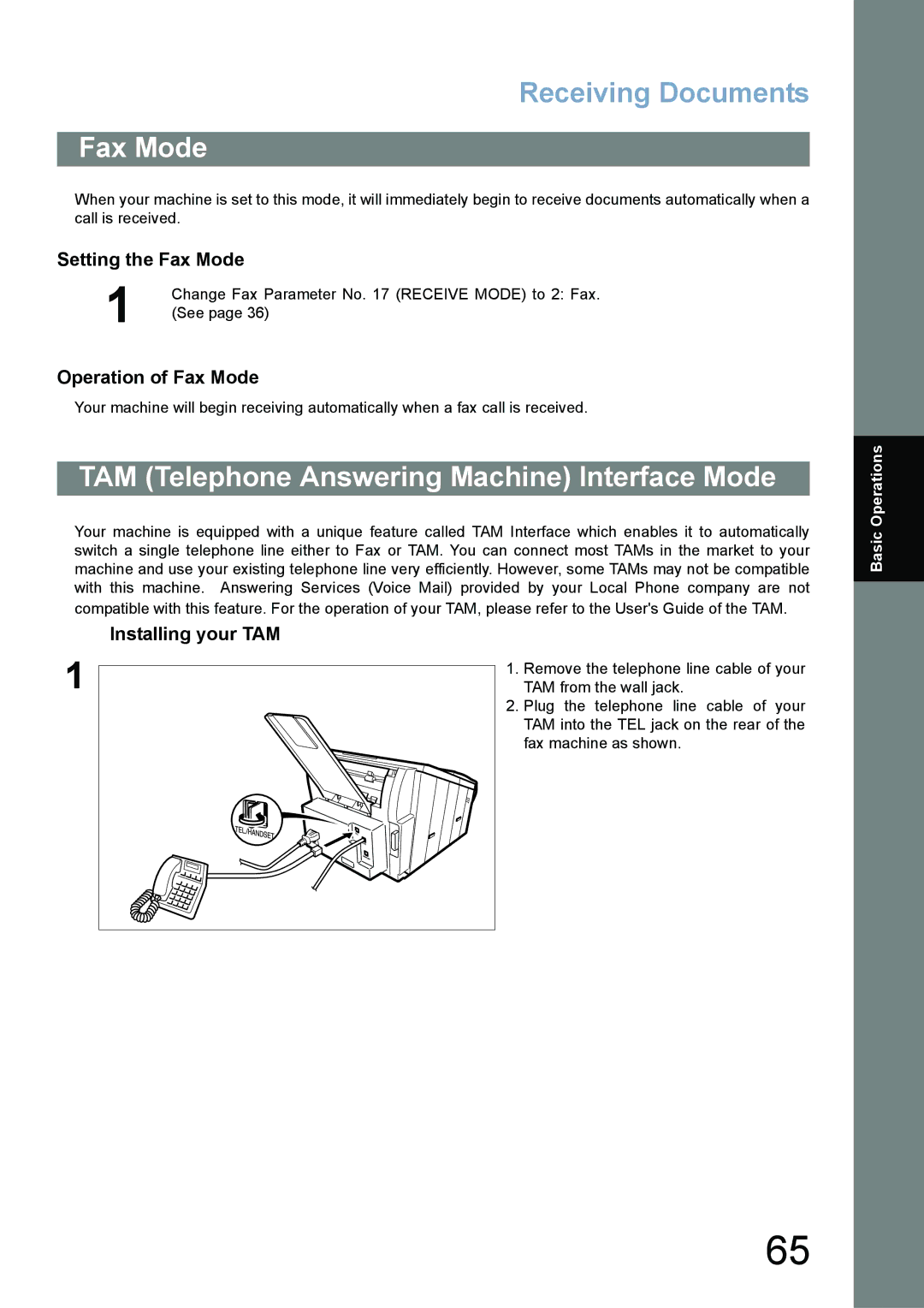 Panasonic UF-780/790 TAM Telephone Answering Machine Interface Mode, Setting the Fax Mode, Operation of Fax Mode 