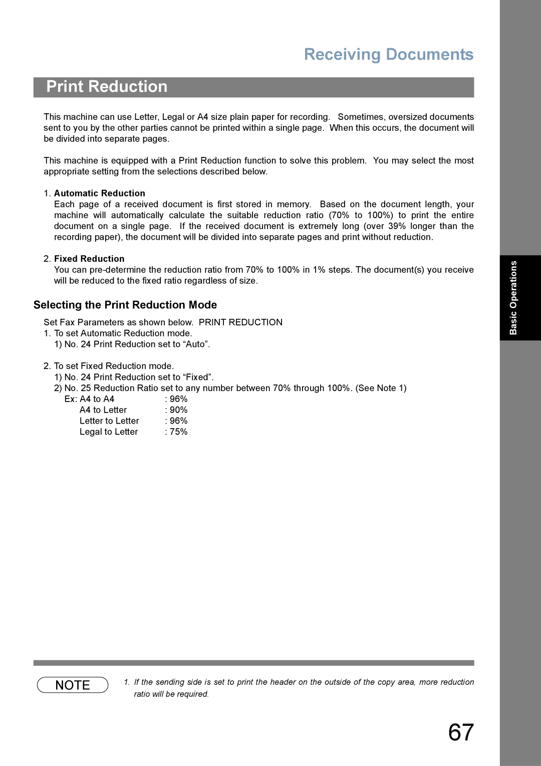 Panasonic UF-780/790 operating instructions Selecting the Print Reduction Mode, Automatic Reduction, Fixed Reduction 