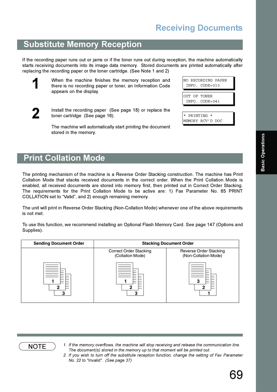 Panasonic UF-780/790 operating instructions Substitute Memory Reception, Print Collation Mode 