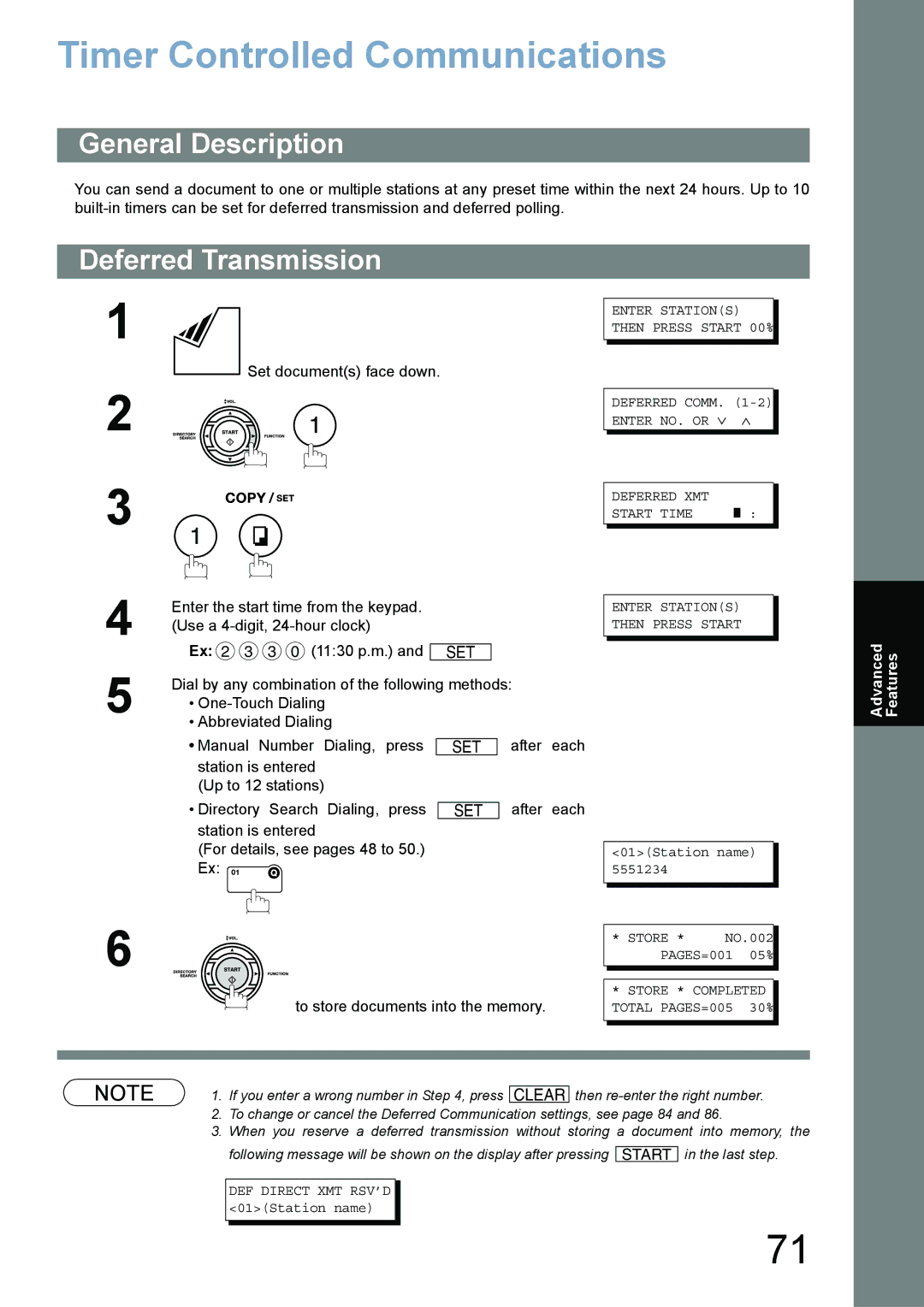 Panasonic UF-780/790 Timer Controlled Communications, Deferred Transmission, To store documents into the memory 