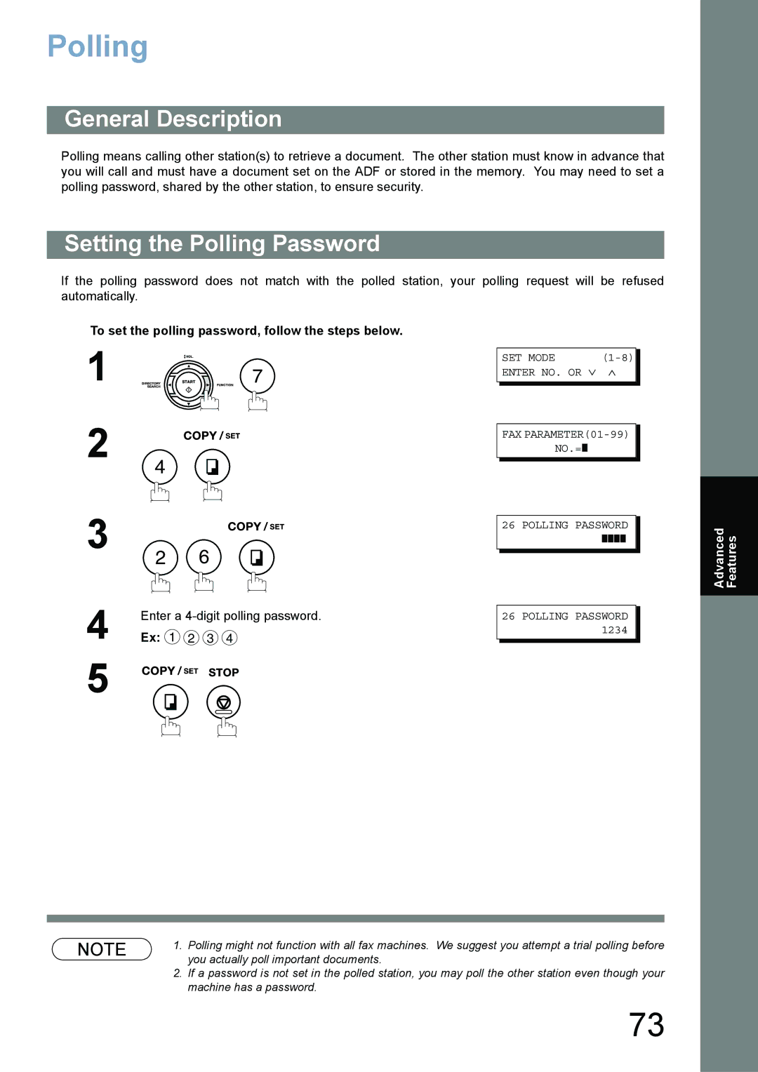 Panasonic UF-780/790 Setting the Polling Password, To set the polling password, follow the steps below 