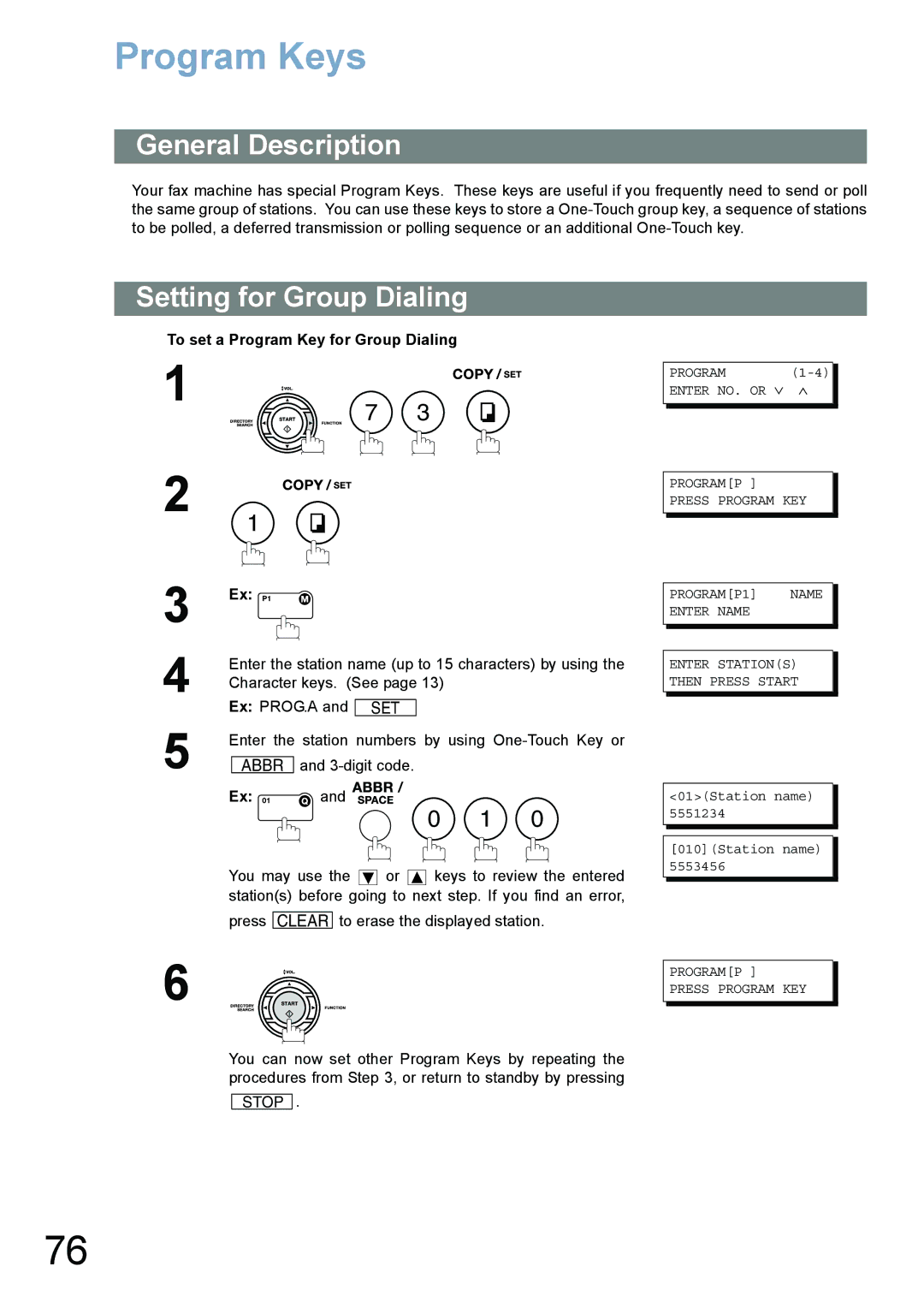 Panasonic UF-780/790 operating instructions Program Keys, Setting for Group Dialing, To set a Program Key for Group Dialing 