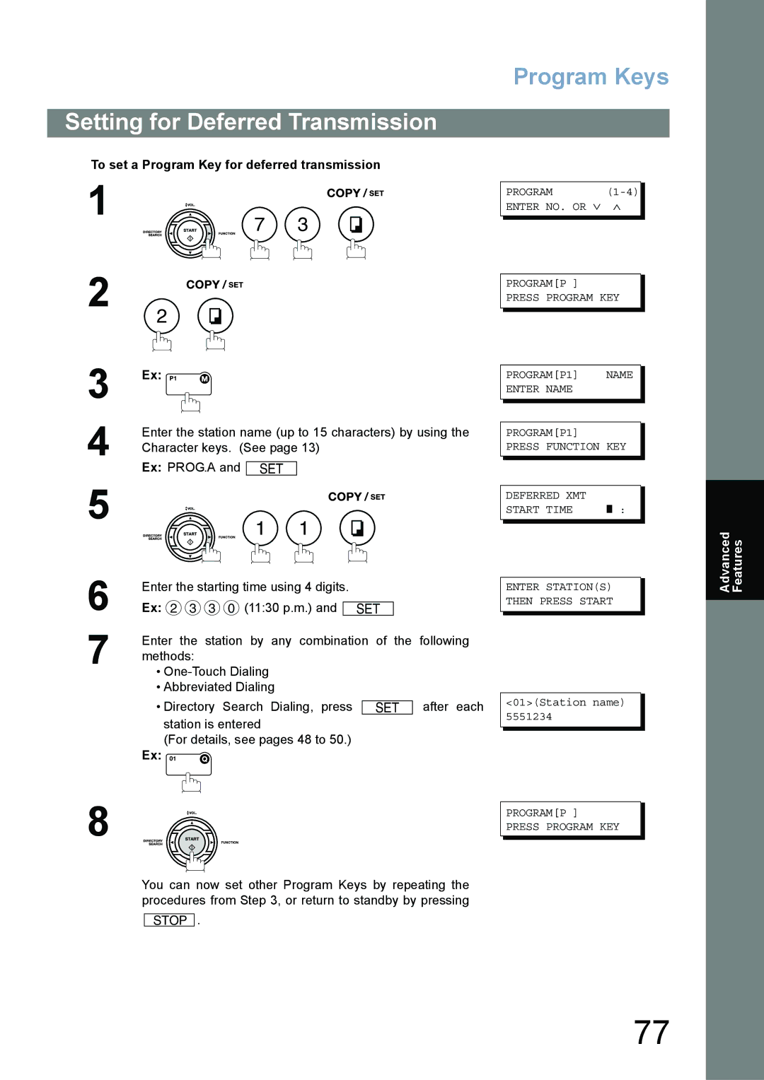 Panasonic UF-780/790 Setting for Deferred Transmission, To set a Program Key for deferred transmission, 1130 p.m. and SET 