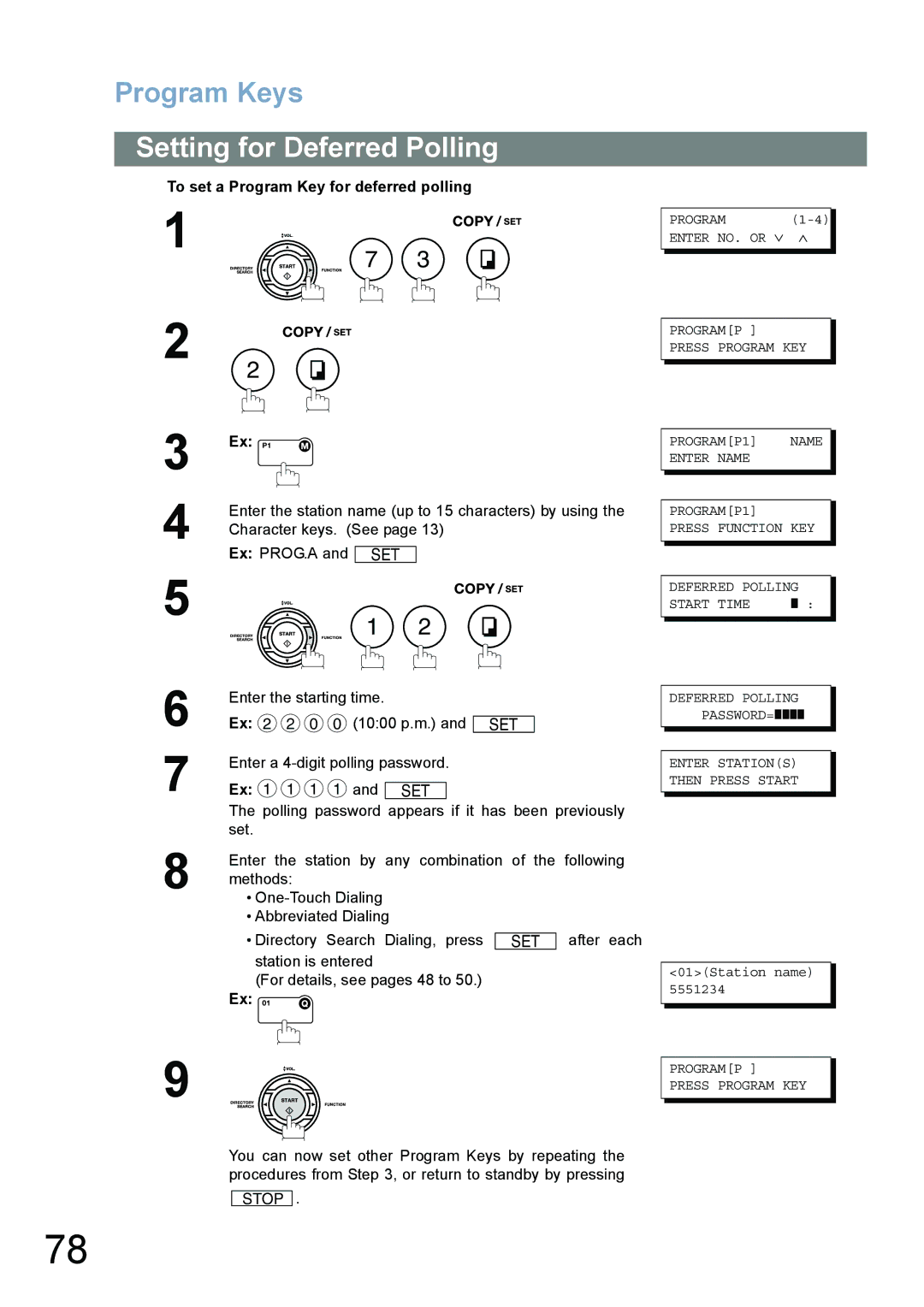 Panasonic UF-780/790 operating instructions Setting for Deferred Polling, To set a Program Key for deferred polling 