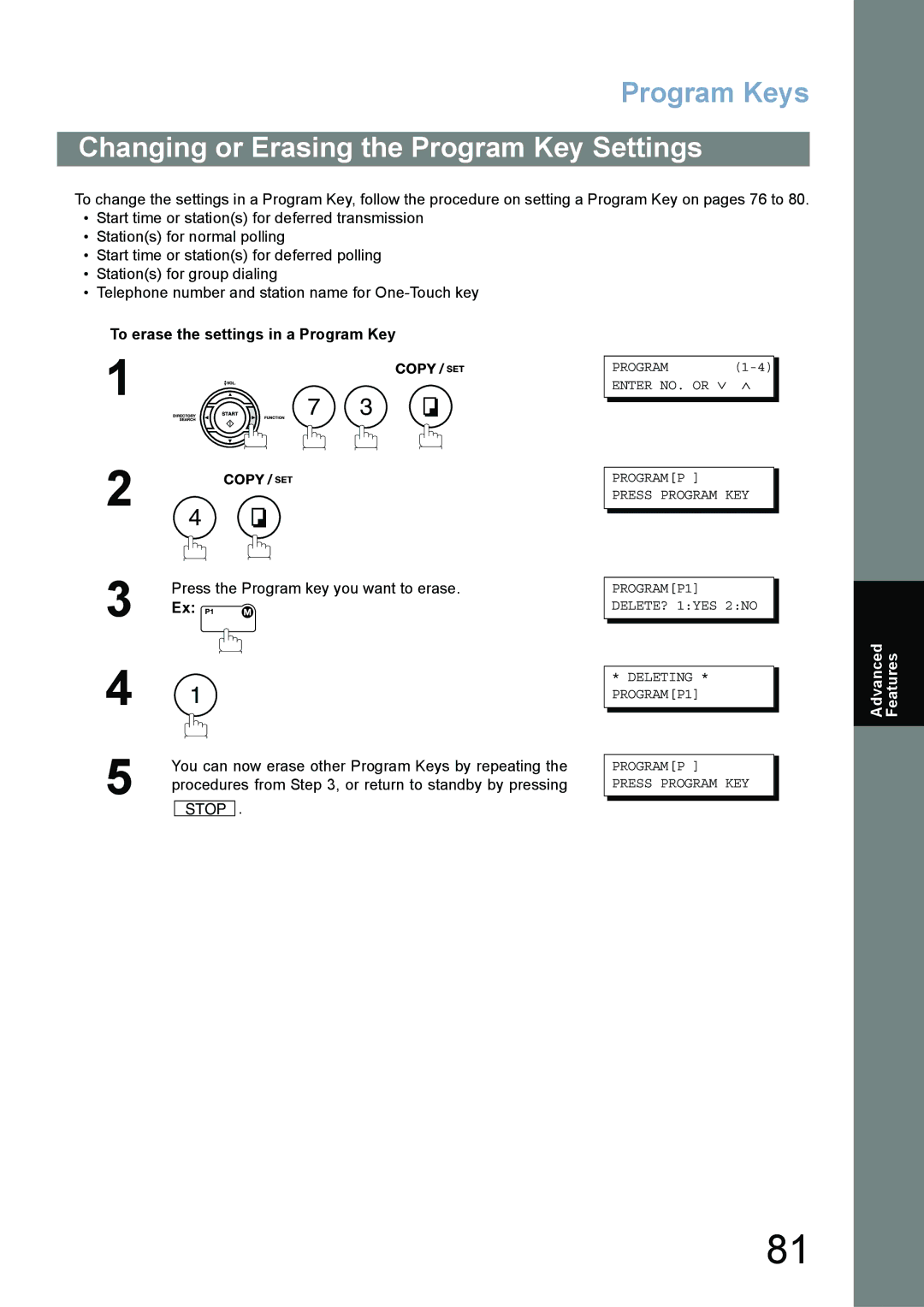 Panasonic UF-780/790 Changing or Erasing the Program Key Settings, To erase the settings in a Program Key 