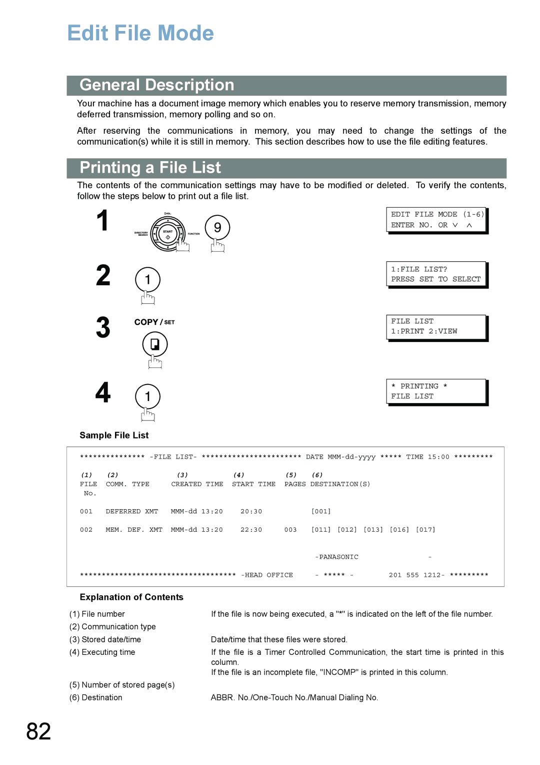 Panasonic UF-780/790 operating instructions Edit File Mode, Printing a File List, Sample File List, Explanation of Contents 