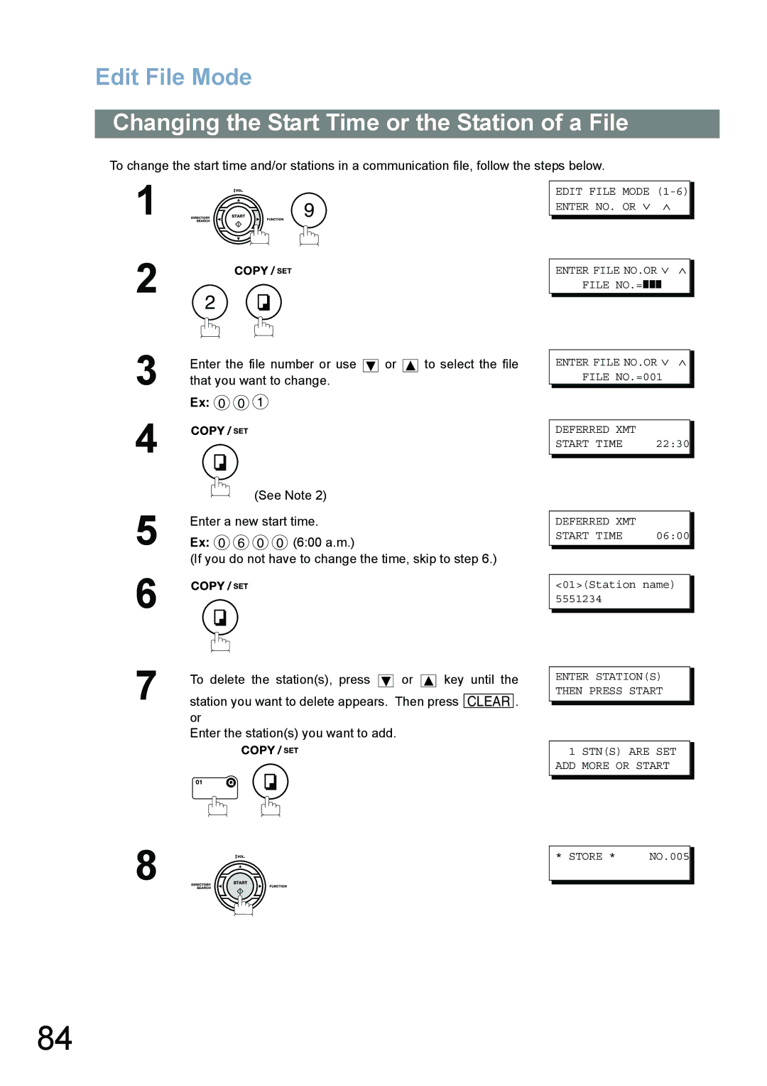 Panasonic UF-780/790 operating instructions Changing the Start Time or the Station of a File 