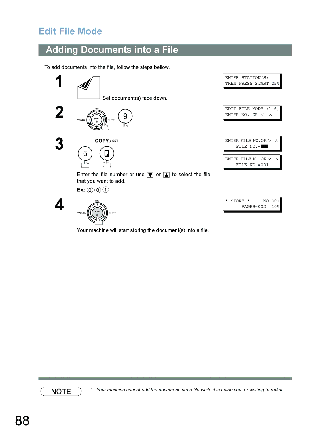 Panasonic UF-780/790 Adding Documents into a File, To add documents into the file, follow the steps bellow 