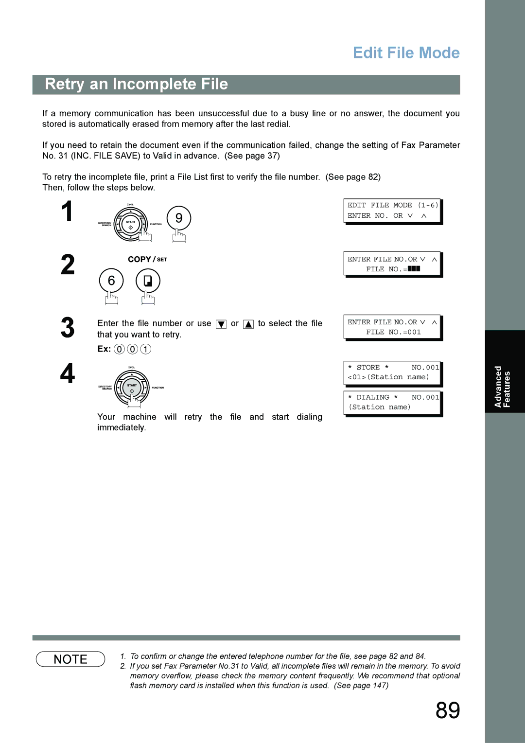 Panasonic UF-780/790 operating instructions Retry an Incomplete File 