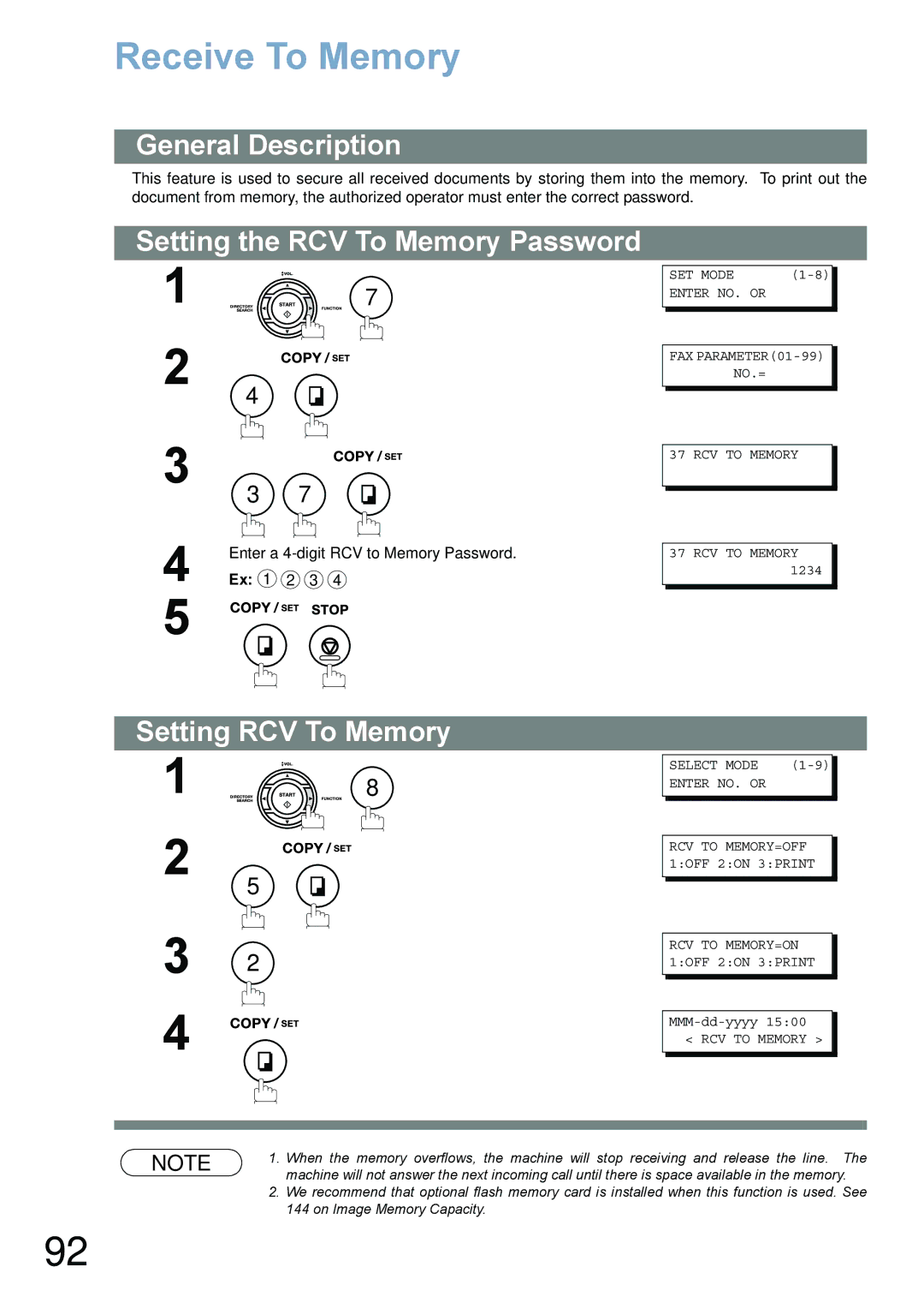 Panasonic UF-780/790 operating instructions Receive To Memory, Setting the RCV To Memory Password, Setting RCV To Memory 